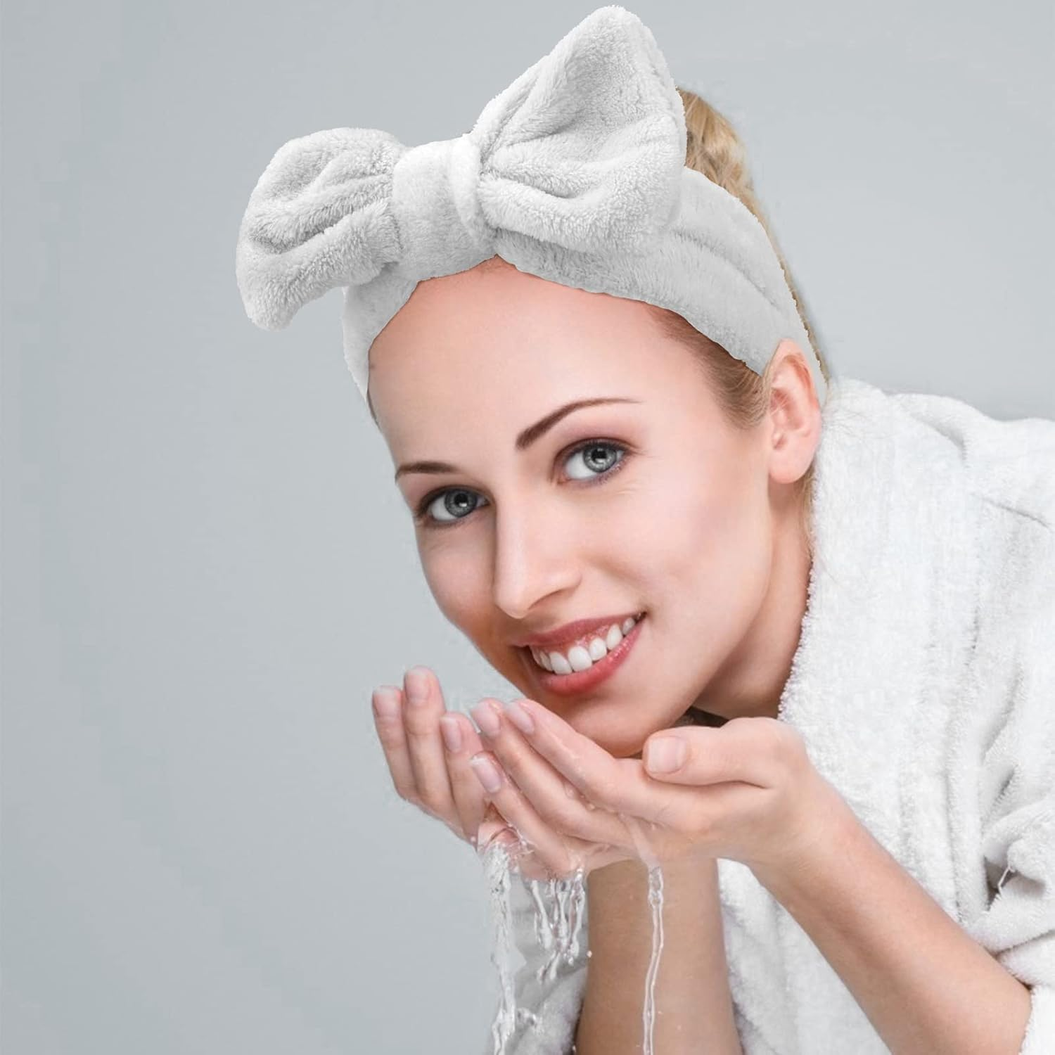 Casoty 8 Pcs Grey Spa Hair Bands for Women, Bow Fleece Headbands for Makeup, Shower, Yoga, and Skincare - Gray image number 4