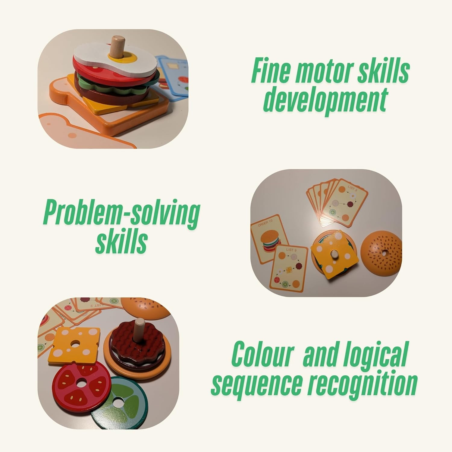 Wooden Stacking Burger Montessori Toy for 3+ Years, Fine Motor Skills, Pretend Play Food Hamburger Puzzle Pattern Games, Educational Activities Teaching Tool for Preschool image number 5