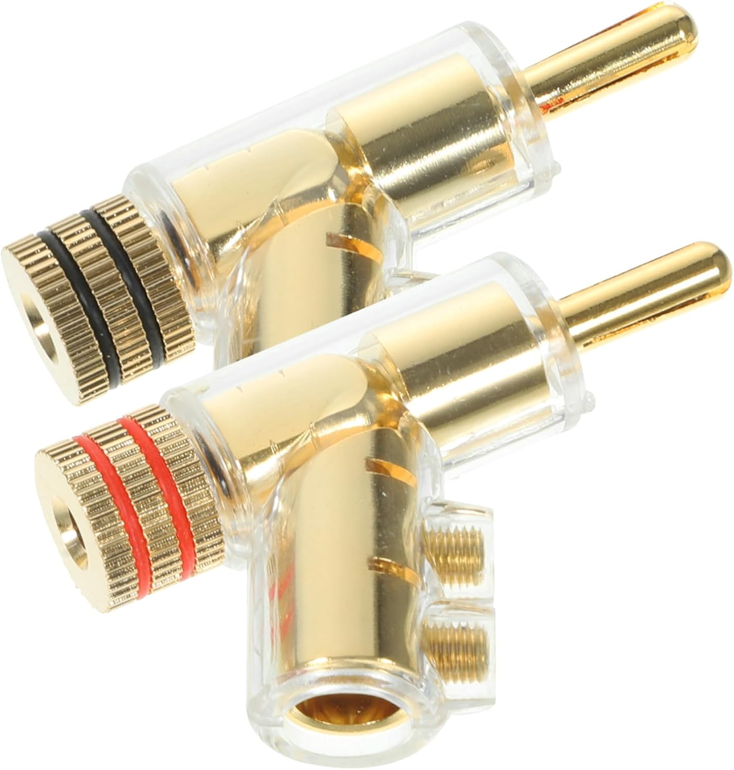 WOFASHPURET 2Pcs Gold-Plated Locking Banana Plug Connectors for Speaker Wire and Amplifier, Angled 45-Degree Solderless Audio Terminals Compatible with Home Theater and Hifi Systems