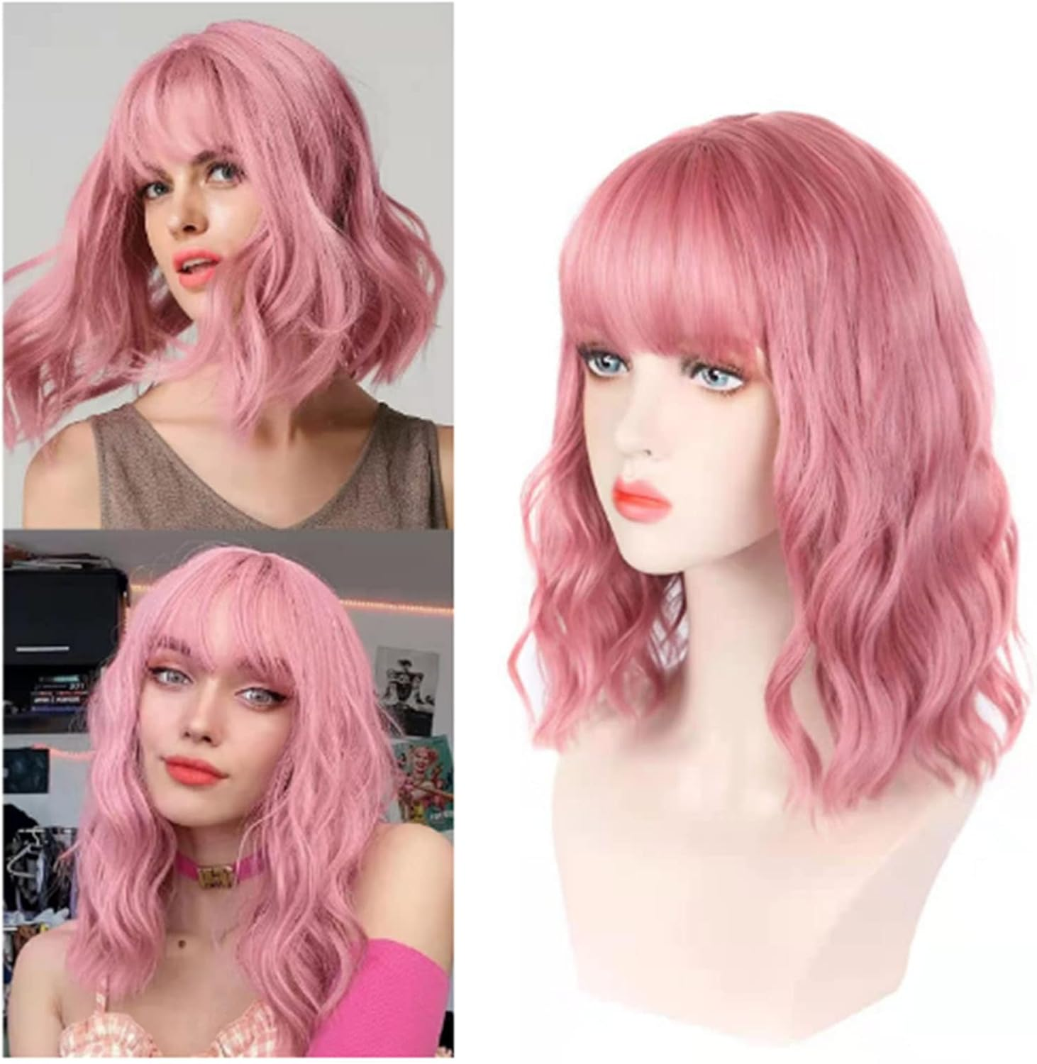 Curly Wig, Short Elegant Synthetic Fake Curly Wig with Bangs for Christmas for Women (Light Pink)