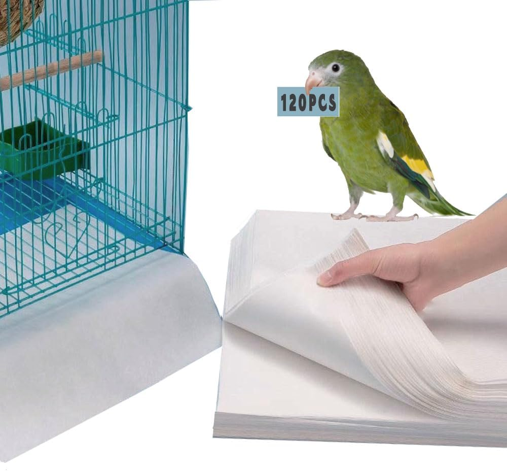 Lesimnky 120 Pieces Bird Cage Liners-11'' X 17''Disposable Non-Woven Bird Cage Paper Liners Precut Absorbent Fecal Tray Cages Cushion Pad Mat Cuttable Pet Animal Cages Cushion for Parrot (White)
