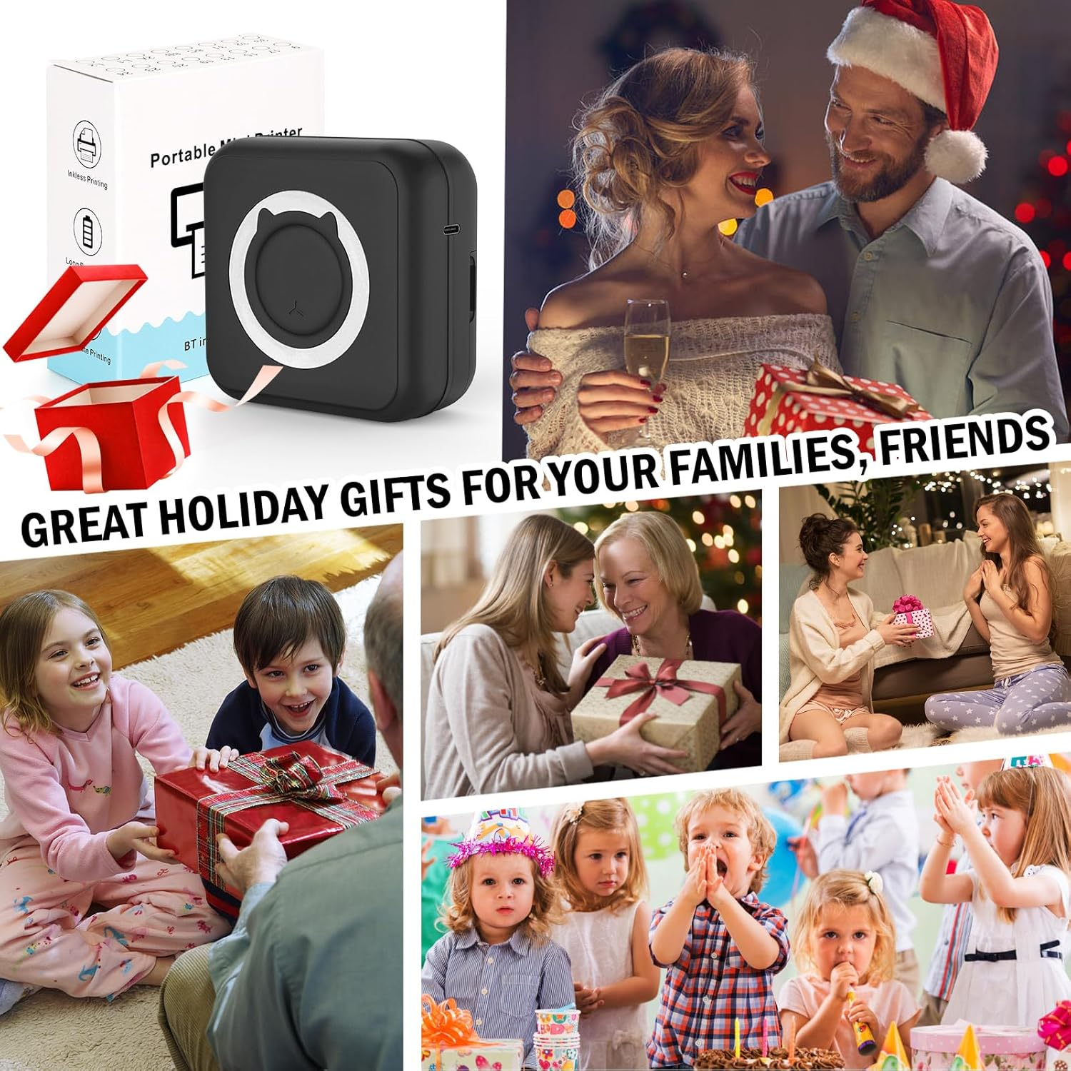 HUIJUTCHEN Inkless Mini Thermal Pocket Printer, Wireless Mini Sticker Printer with 10 Rolls Thermal Paper for Ios&Android, Portable Mini Photo Printer for Notes Journal Memo Photo Study, Black - Red image number 3