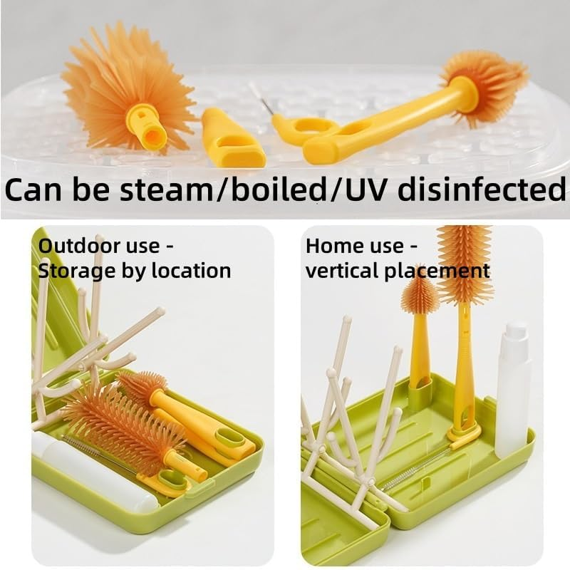 3-In-1 Baby Bottle Cleaner Kit with Pacifier & Straw Brush, Portable Travel Brush Set for Baby Care - Includes Scrubber, Dispenser Bottle & Drain Column (White) - Blue image number 6