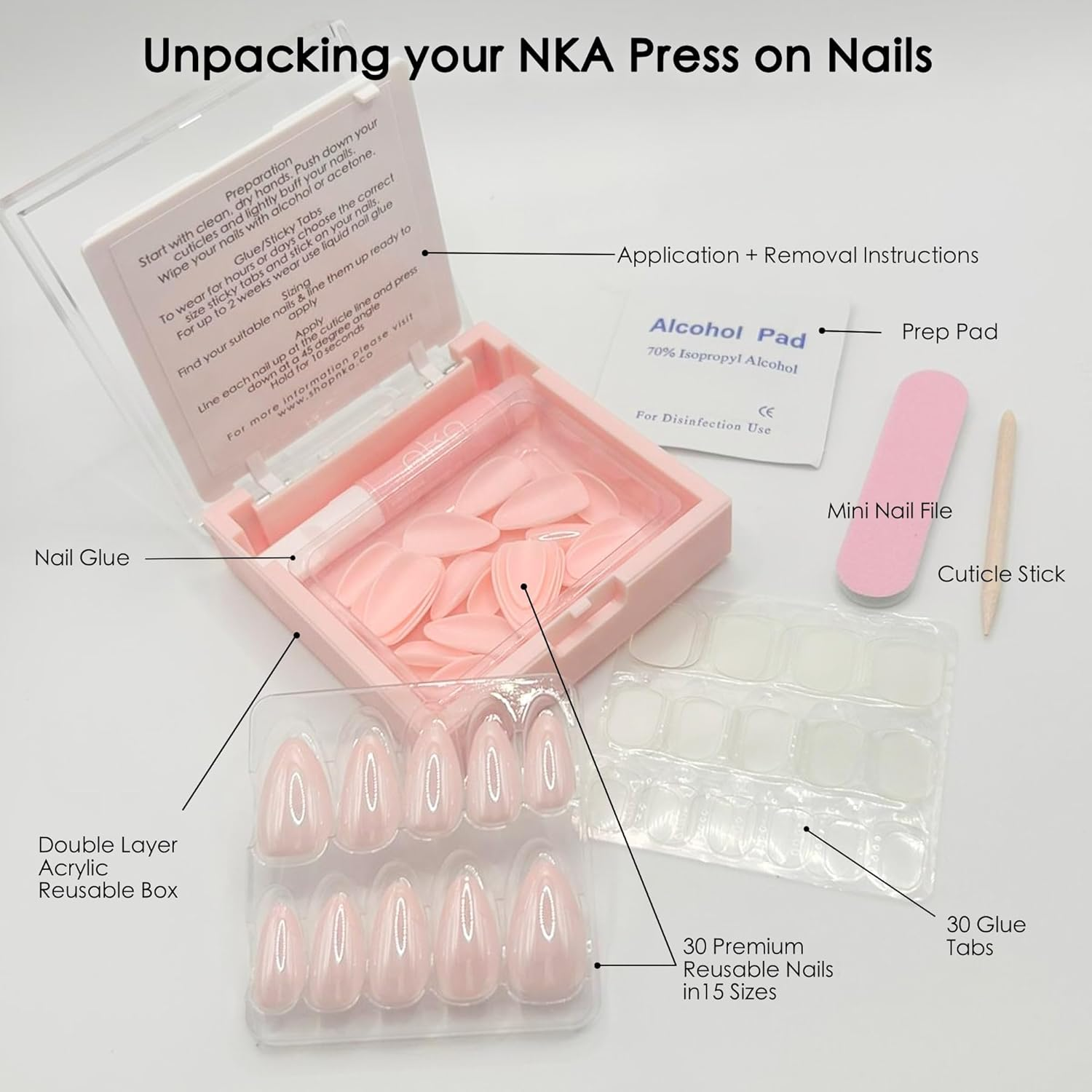 NKA Press on Nails Kit, 30 Premium Quality Acrylic Fake False Short White Press on Nail, Peach Sorbet