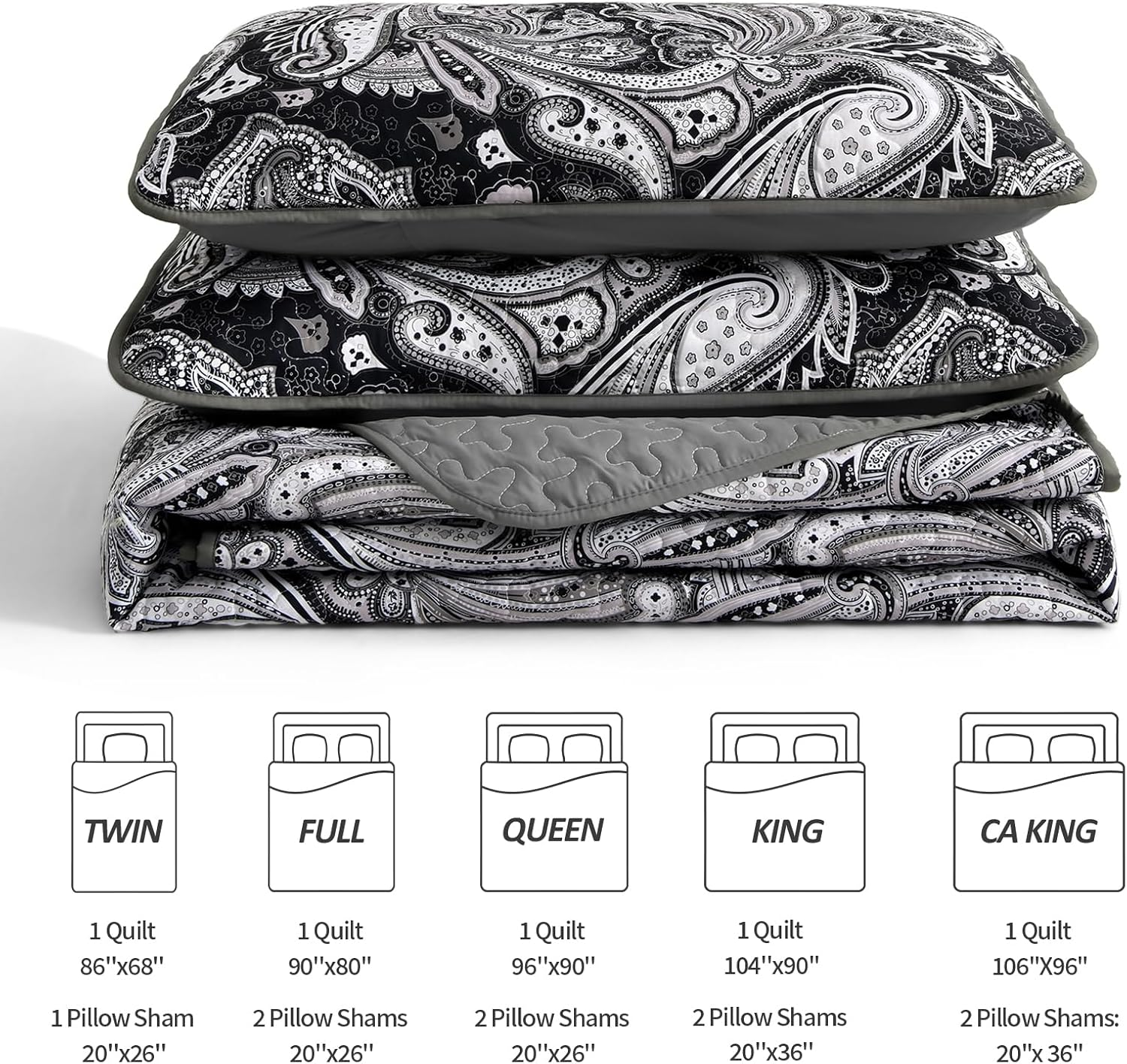 Black Paisley Quilt Set Queen Size Boho Bedspread Coverlet Set 3 Pieces, Soft Lightweight Black and Gray Paisley Floral Pattern Bedding for All Season, 96''X90'' image number 6