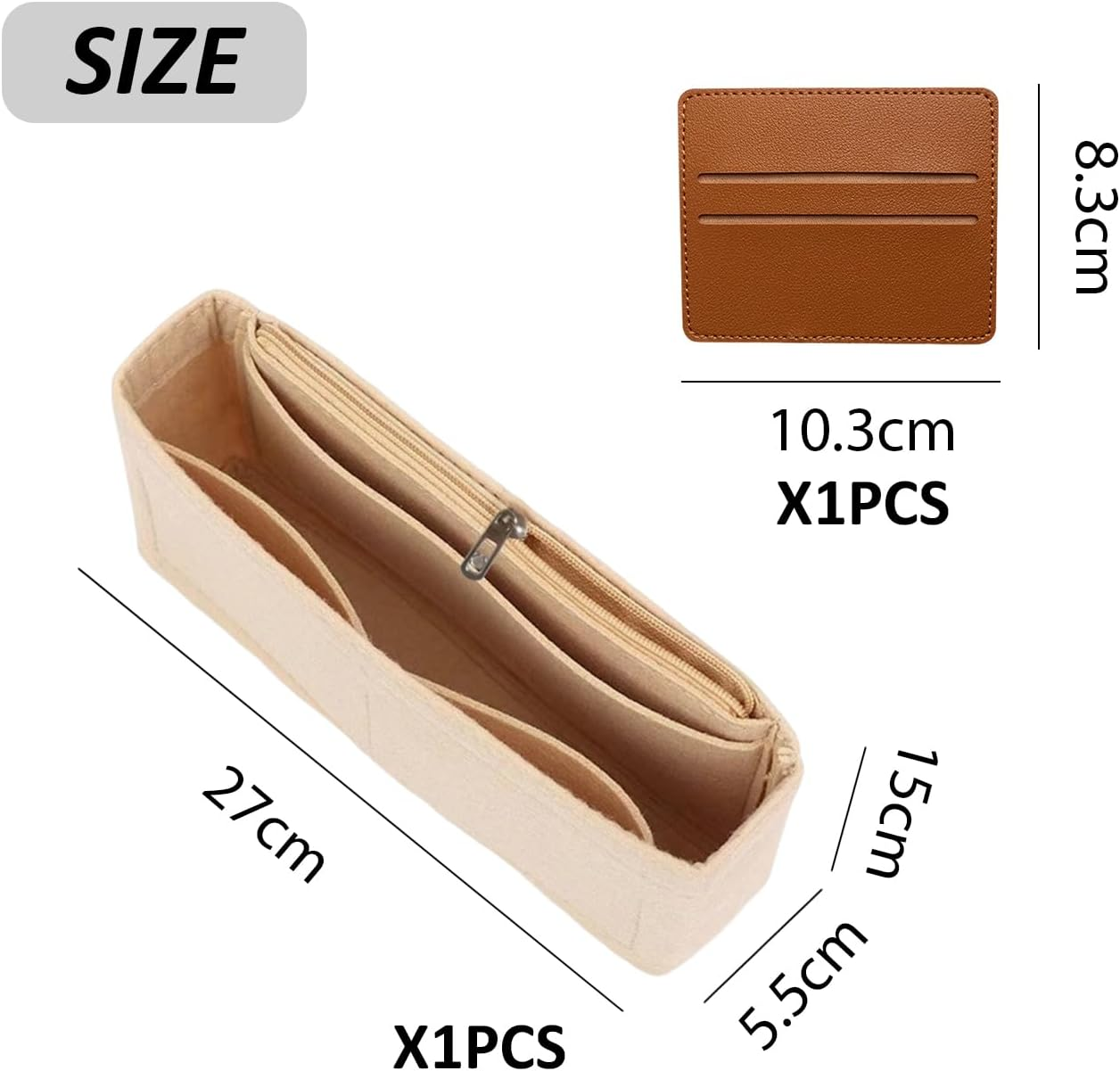 1 Felt Storage Bag, 1 Leather Card Holder, Pocket Organiser, Storage Organiser, Multifunctional Organiser, Handbag Backpack Storage Insert, Beige, Einheitsgr&ouml;&szlig;e, Modern image number 5