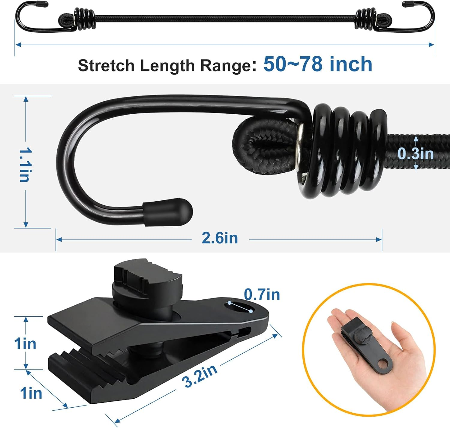 BETERNY 4PCS 50 Inch Car Cover Gust Straps, Heavy Duty Wind Protector Bungee Cords Hook Clips Kit Fit for Most Cars, Sedans, Suvs, Trucks, Vans, Motorcycles, Boat-Black image number 3