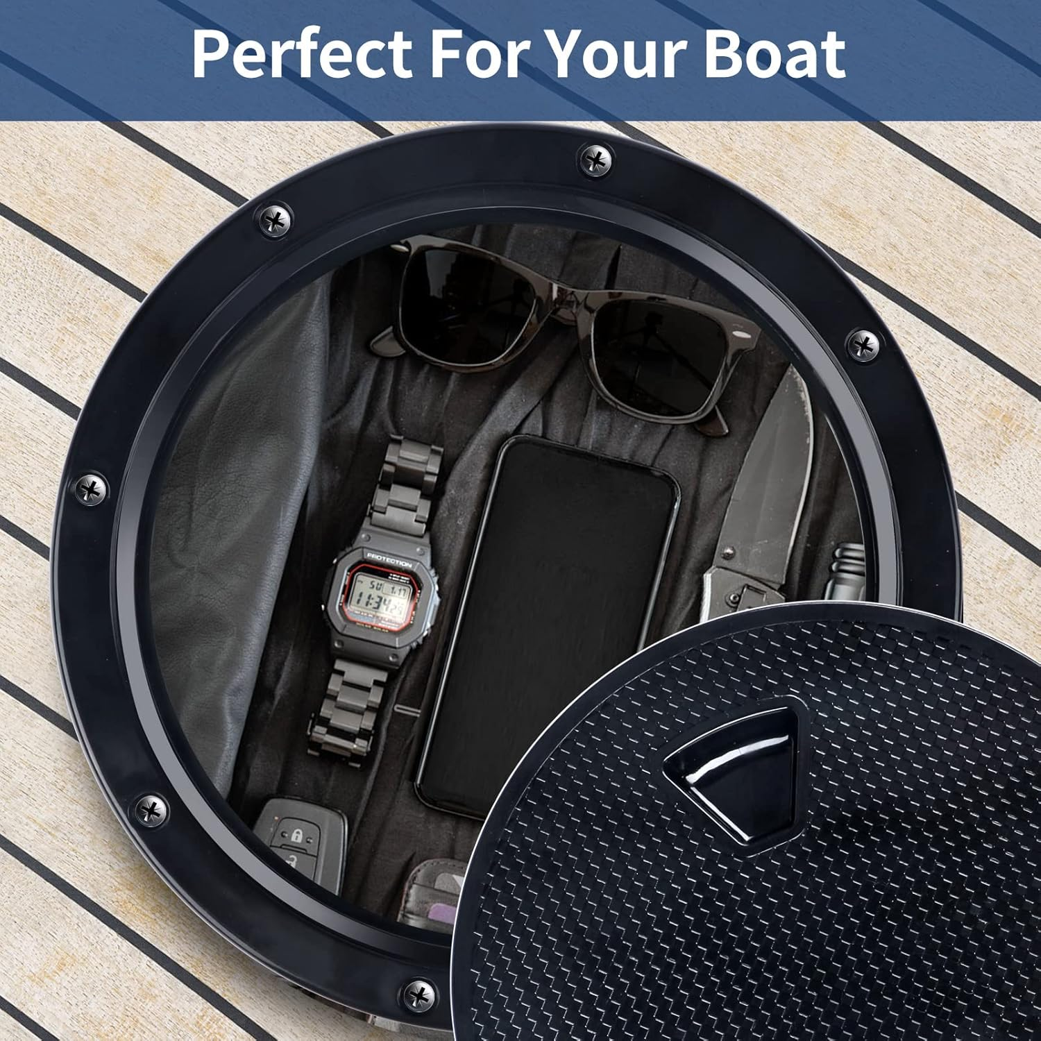 Smartmarine Boat Hatch Black 4" 6" 8" round Non Slip Inspection Hatch W/Detachable Cover for Marine Boat Yacht image number 2