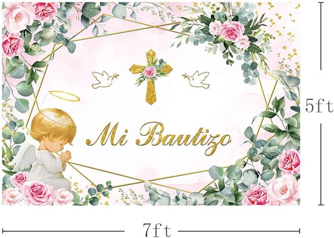 MEHOFOND 2.1 X 1.5 M Pink Girl Christening Background Angel Baby My Communion Cross Photography Background Dove Communion Church Christening Party Decoration Banner Studio Supplies image number 6