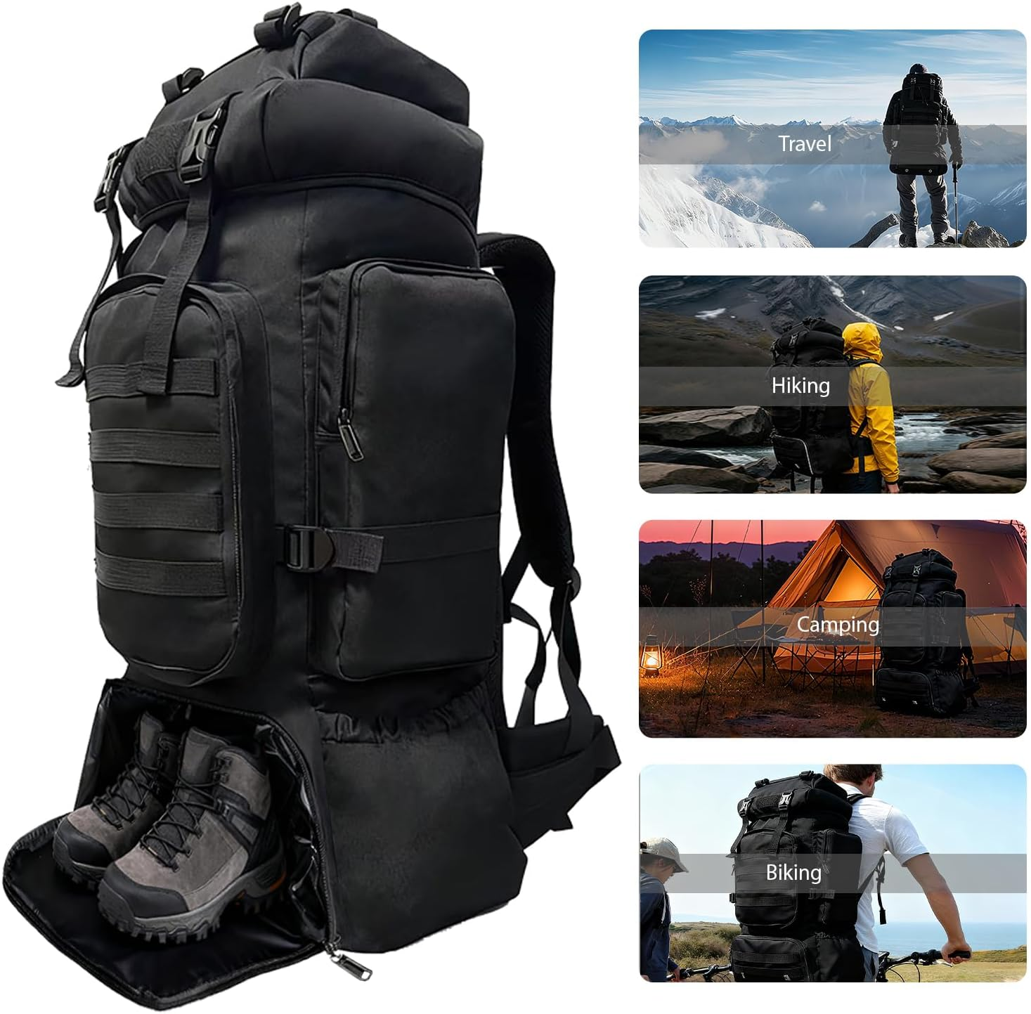 Nayubo Tactical 80L Hiking Backpack with Dedicated Shoe Compartment - Large Capacity Rucksack for Camping Backpacking Men Women - Outdoor Trekking Travel Pack (Black)