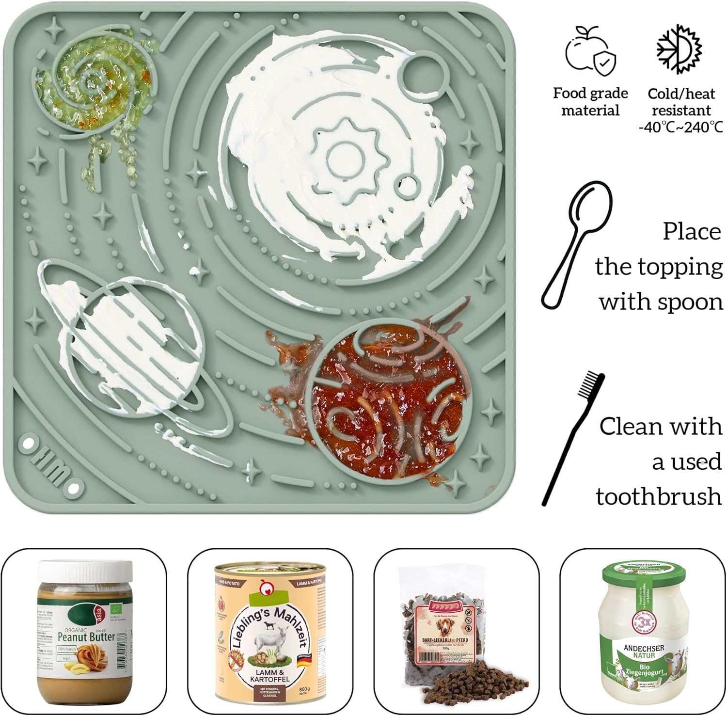 OHMO Lick Mat for Dogs and Cats(Small, Camo&Light Green, 2Pcs) Enrichment Accessories Toy Space Star Easy Clean Pet Slow Feeder/Suction Cups, Licking Pad for Anxiety Relief and Boredom Reduction image number 4