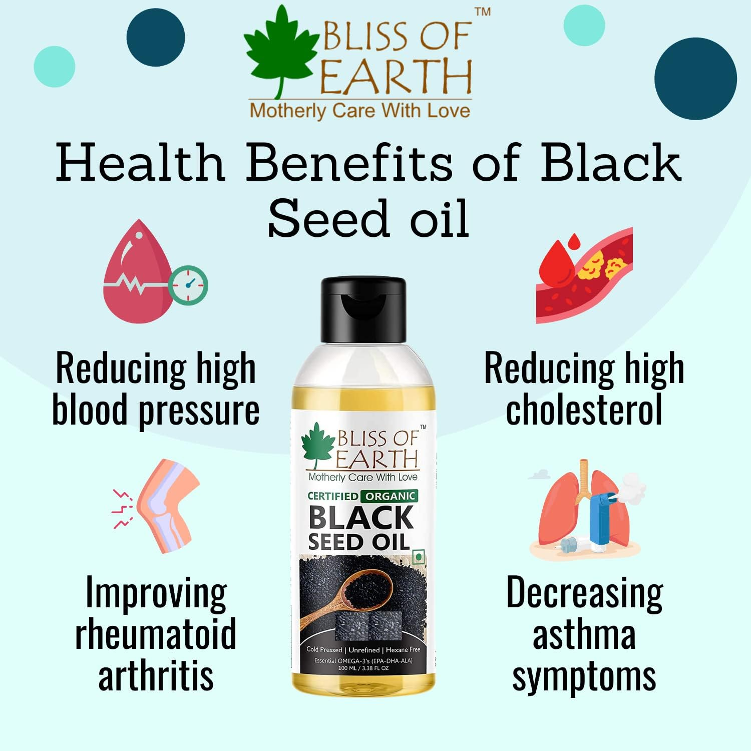 Bliss of Earth Black Seed Oil Organic Cold Pressed for Hair Skin, Edible Black Seed Kalonji Oil, Rich in Nutrients and Antioxidants, 100Ml
