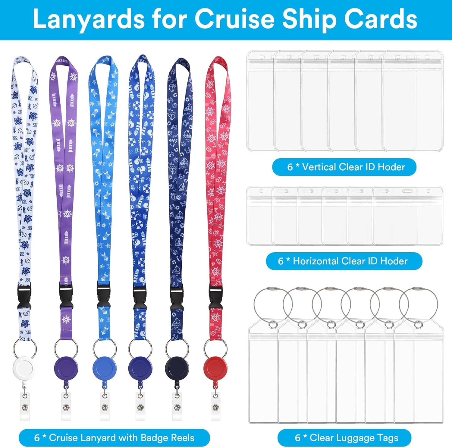 6 Pack Lanyards with Ship Card Holders, Retractable Badge Reels with Waterproof Luggage Tags ID Holders for Cruise Essentials Accessories Key Cards - Color2 image number 3