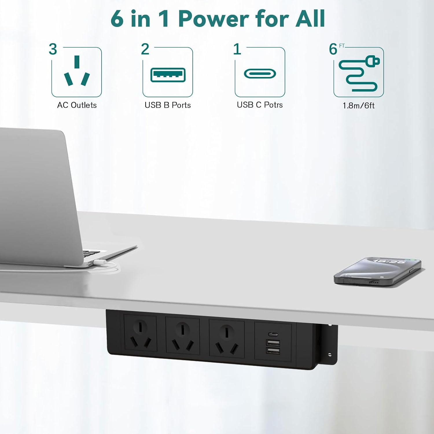 Wall Mount Power Strip with 3 AU Outlets, USB & USB-C Charging Ports, under Desk Power Strip Mountable Power Board with 1.8M Cord, Overload Protection, under Desk or Kitchen Cabinet Installation