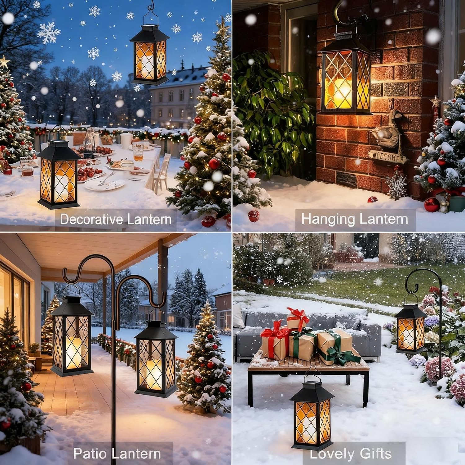 Yowin Solar Lanterns for Outside, Large Garden Lanterns with Flickering Candle, Hanging Garden Gifts, Outdoor Waterproof Solar Ornaments for Balcony Patio Vintage Wall Decorations - Black