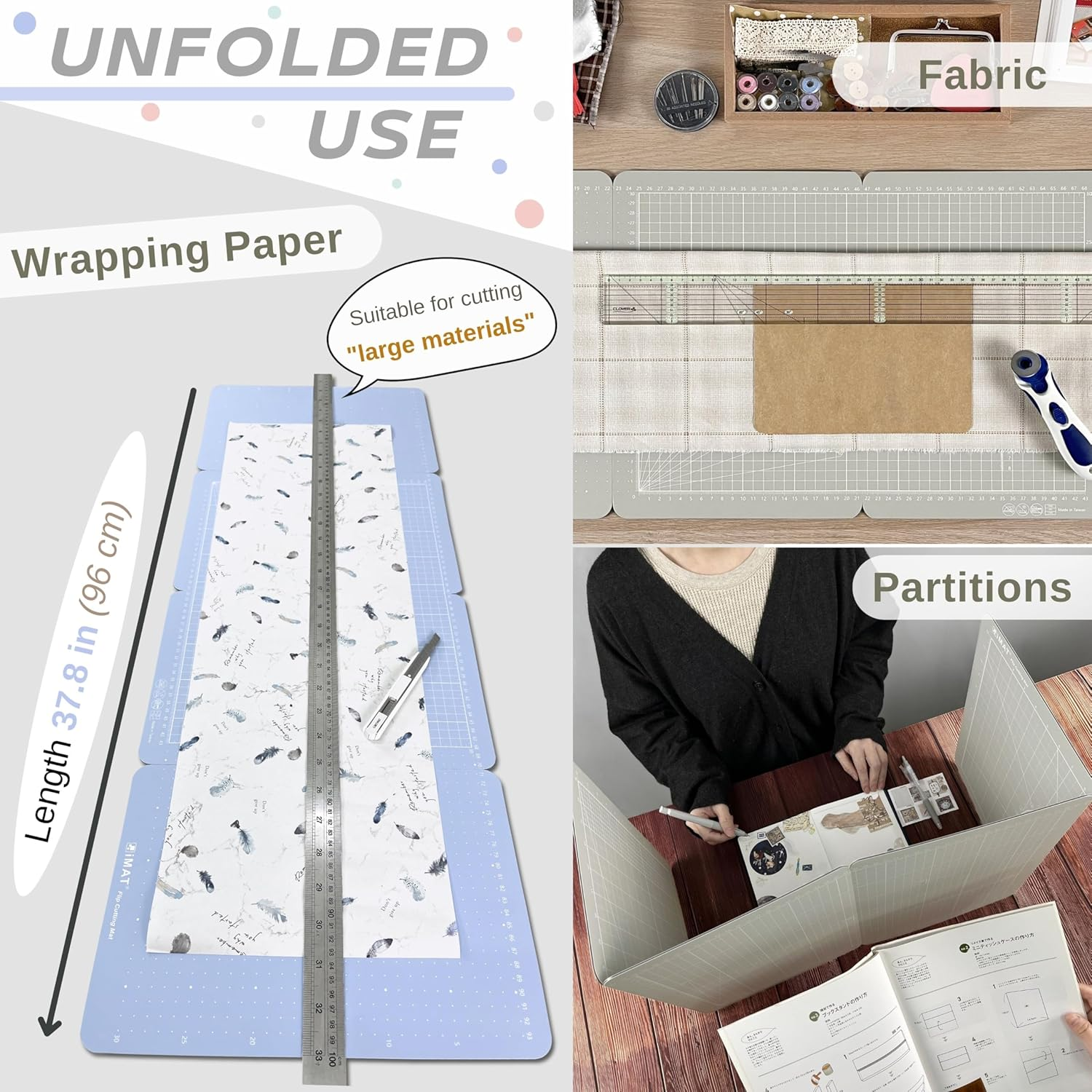 Imat Flip Cutting Mat M Type &ndash; Foldable to A4-Like Size (24&times;35 Cm), Expands to 96&times;35 Cm, Double-Sided (Inches/Cm Scale), Ideal for Craft Projects (Rose Pink) - Light Green image number 4