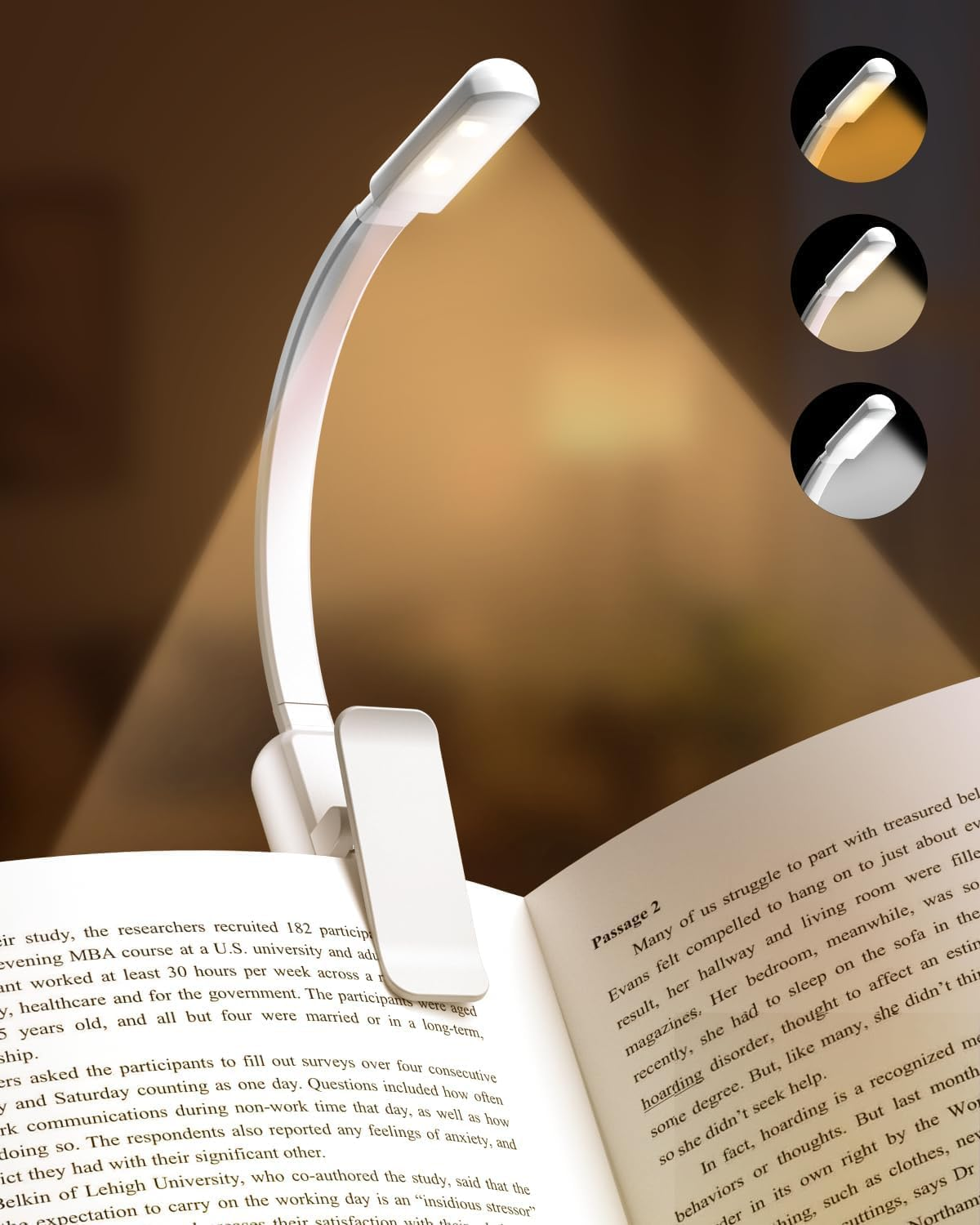 Book Light,Reading Lights for Books in Bed,Aaa Battery Clip-On Led Reading Light with 3 Colors & Stepless Dimming,Portable and Ultra-Lightweight with Long Runtime (White)
