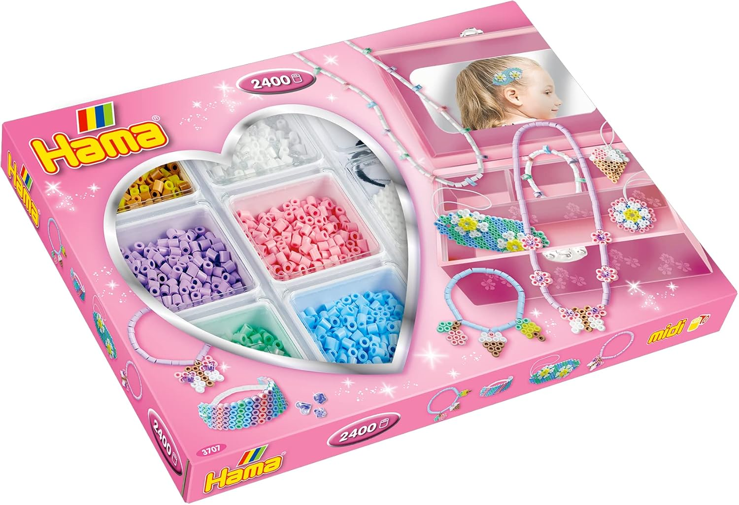 Hama Perlen 3707 Creative Box Accessories with Approx. 2,400 Colourful Midi Iron-On Beads with Diameter 5 Mm, Pin Plate and Accessories for Necklaces and Bracelets, Including Ironing Paper, Pink, Purple, Blue, White, 3707H - Brown, Red, Blue, Grey image number 5