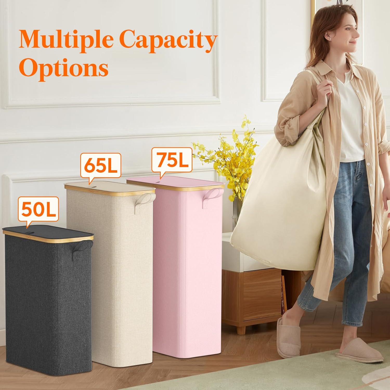 Lifewit 65L Slim Laundry Hamper with Lid, Narrow Laundry Basket with Removable Bag & Bamboo Handles, Fodable Thin Dirty Clothes Hamper for Laundry Collapsible Bin for Bathroom Bedroom Dorm, Gray image number 6