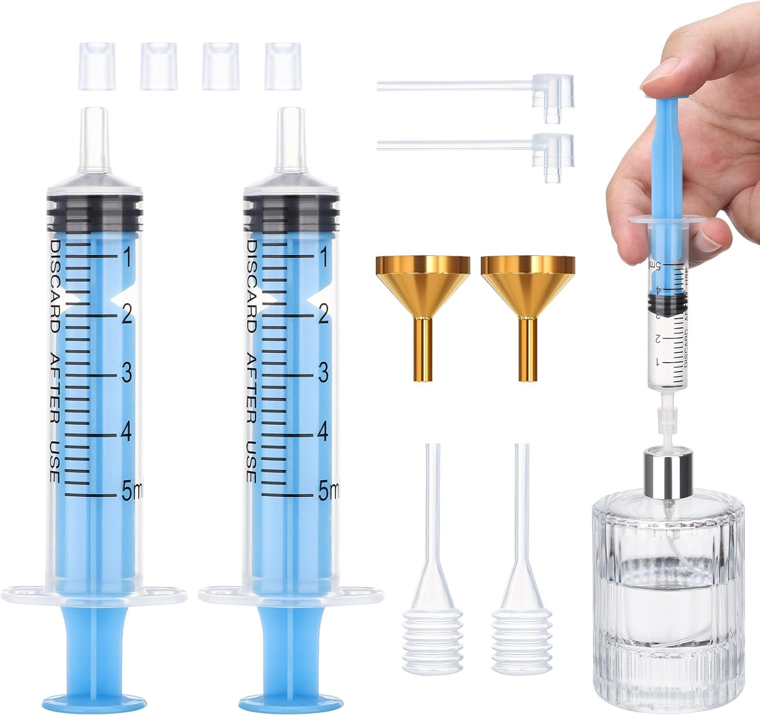 Segbeauty Perfume Cosmetic Transfer Tools, Include 2PCS 10Ml Fragrance Decanter Syringe, Funnel in Metal, Pipettes, Refill Pumps for Spray Bottle (Blue + Purple)
