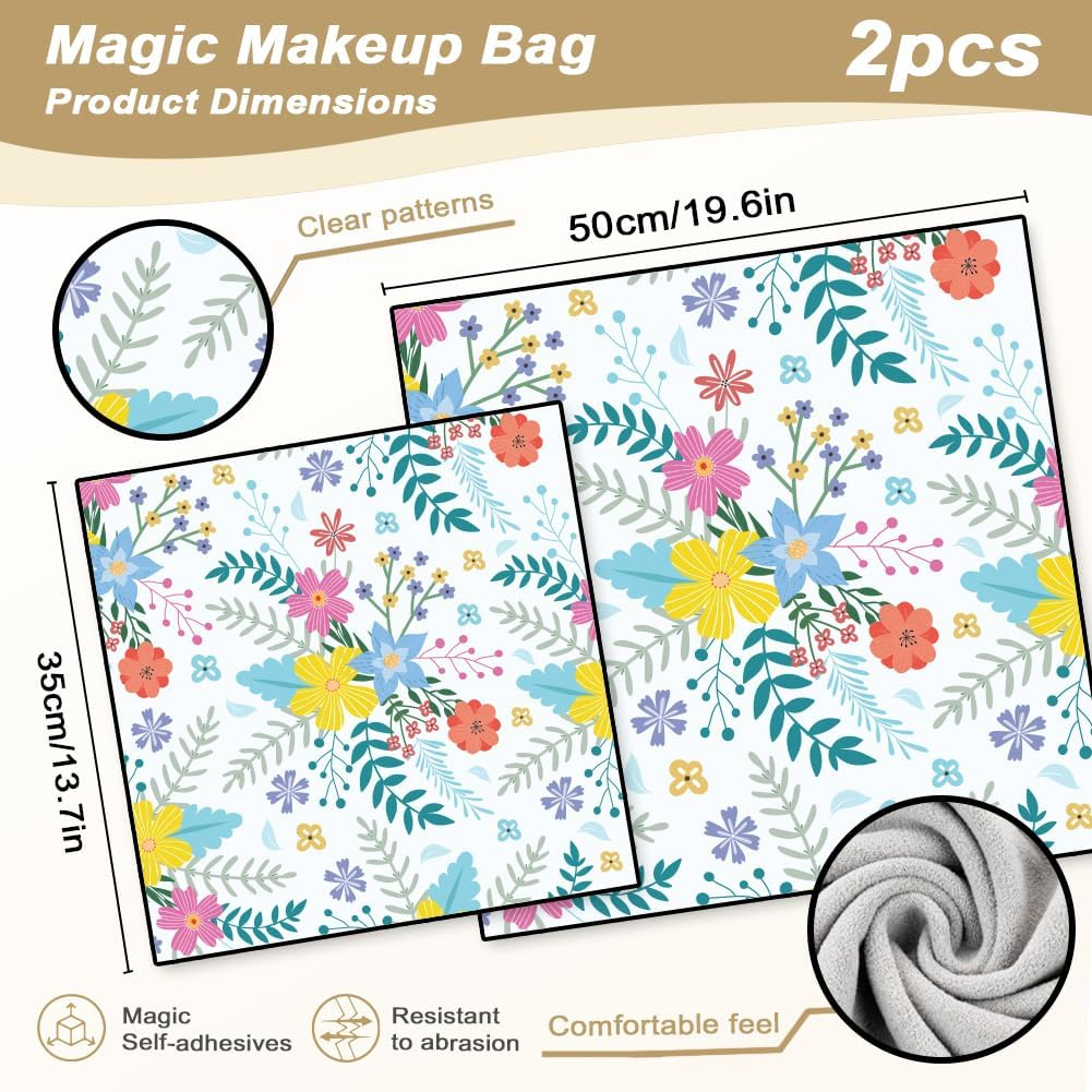 Doodlream 2 Sheets Travel Makeup Bags, Self-Adhesive Magic Cloth Wildflower Cosmetic Bag, Reusable Portable Lay Flat Cosmetic Pouch, Protective Wrap for Camera Lens Electronics (50Cm/35Cm) image number 3
