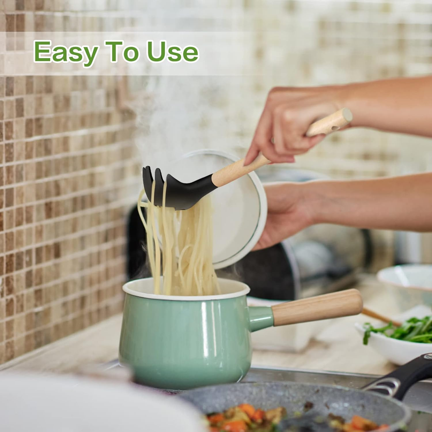 Lorisarm Wooden Handle Pasta Fork Spoon 12" Silicone Spaghetti Fork Food Grade Noodle Spoon, BPA Free, Spaghetti Spoons Strainer & Server Spoonss image number 1