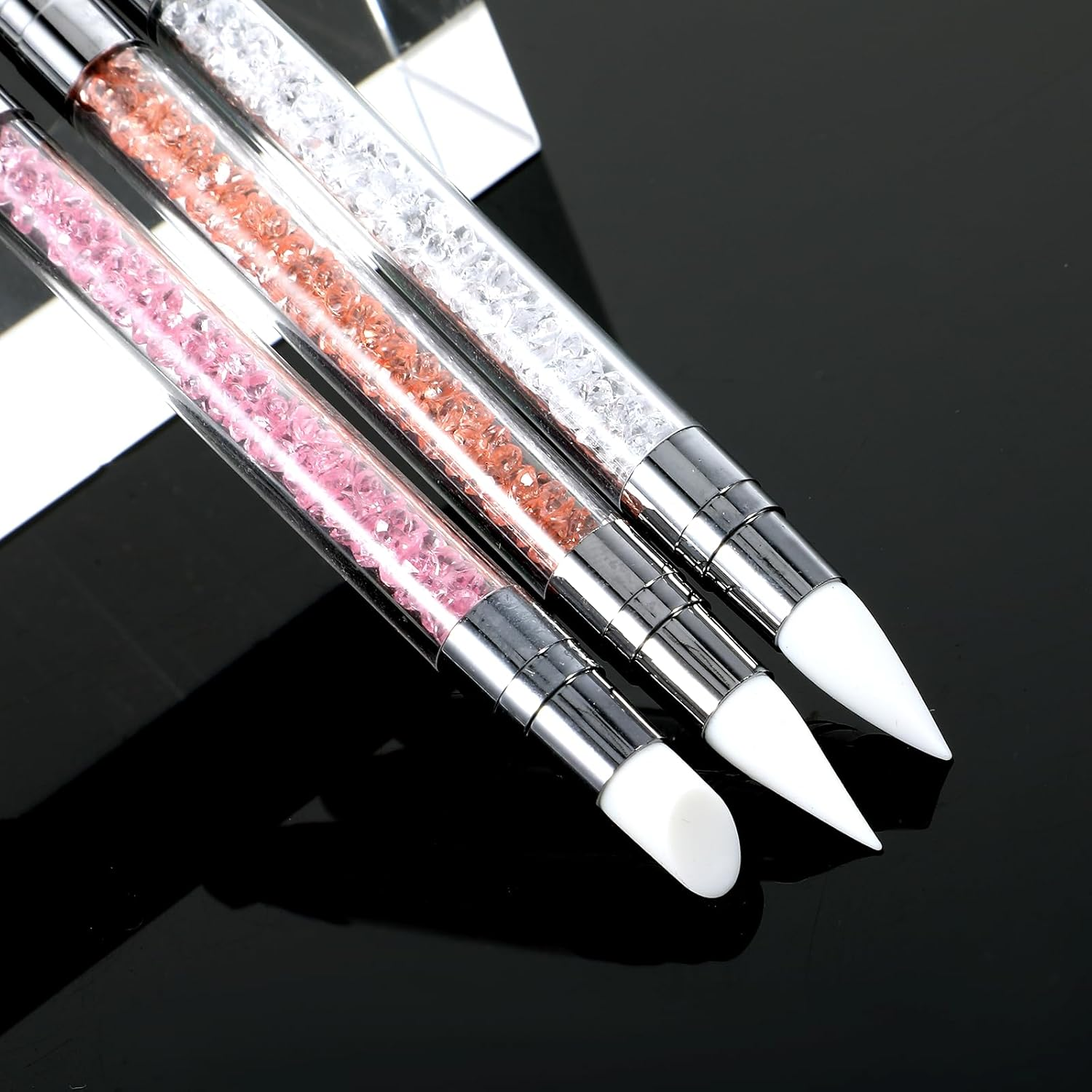 3 Pcs Nail Art Sculpture Pen, Dual Tipped Silicone Nail Tools, Silicone Head Acrylic Handle Nail Art Brushes, Rhinestone Nail Polish Carving Pen, Nail Art Tools for Home Salon(White, Pink, Orange) - Blue, Green, Orange image number 3
