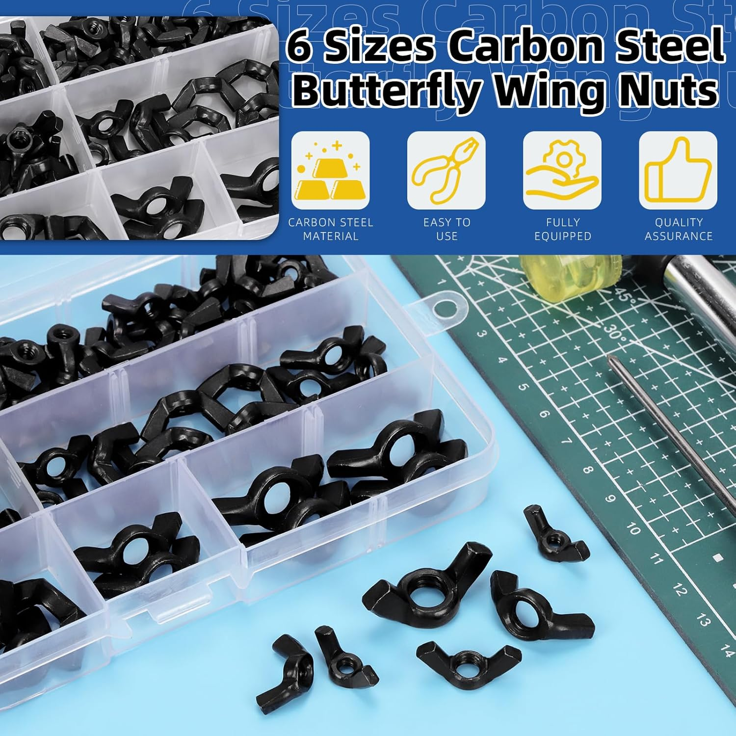Glarks 125Pcs 6 Sizes Black Wing Nuts Assortment Kit, 3/8&rsquo;&rsquo;-16, 5/16&rsquo;&rsquo;-18, 1/4&rsquo;&rsquo;-20, #10-24, #8-32, #6-32 High Strength Carbon Steel Butterfly Nuts, Wing Bolt Fasteners image number 6