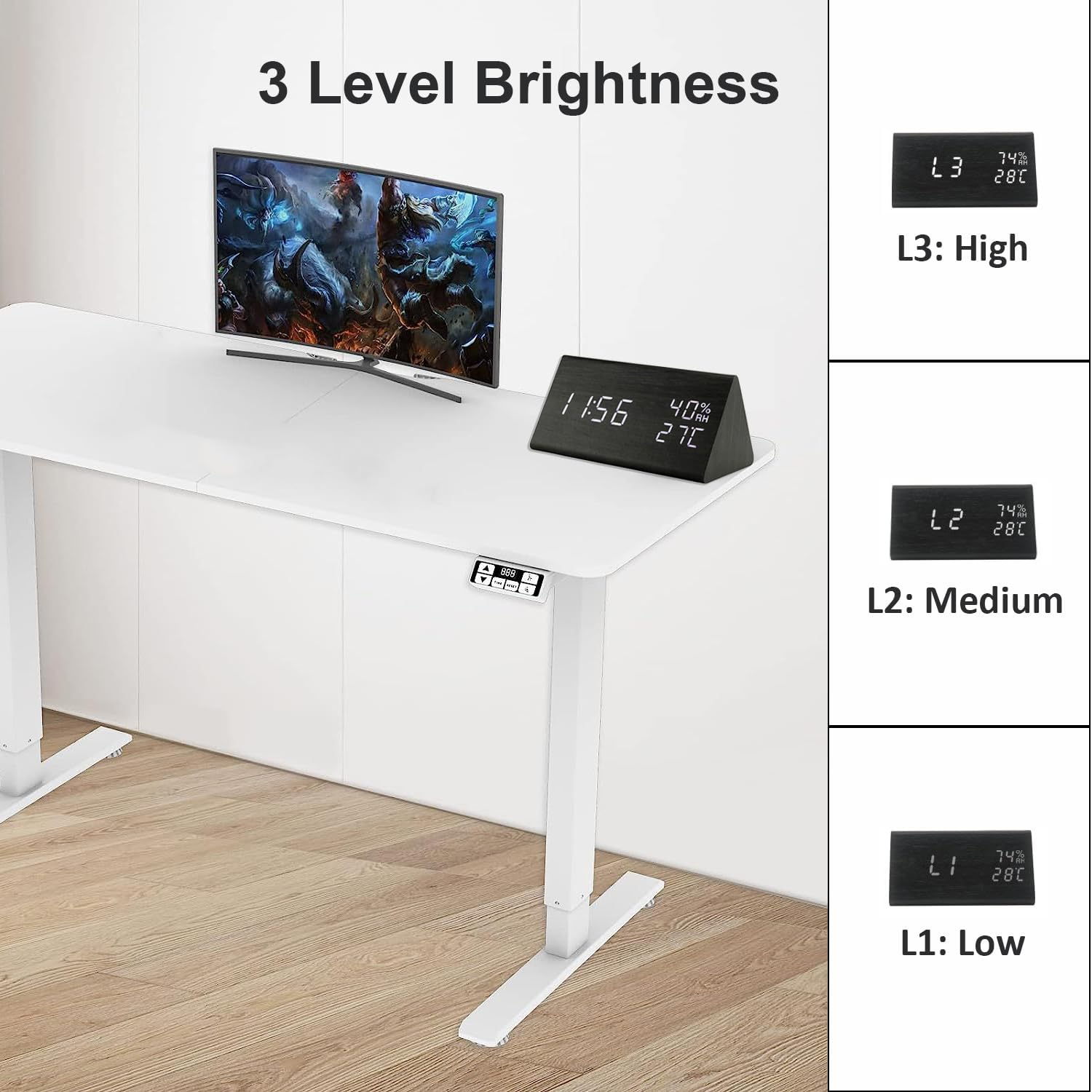 Lancoon Wooden Alarm Clock, Time Date Temperature and Humidity Display 12/24H Sound Activation 3 Alarm Settings Adjustable Brightness for Home Bedroom Office Travel image number 5