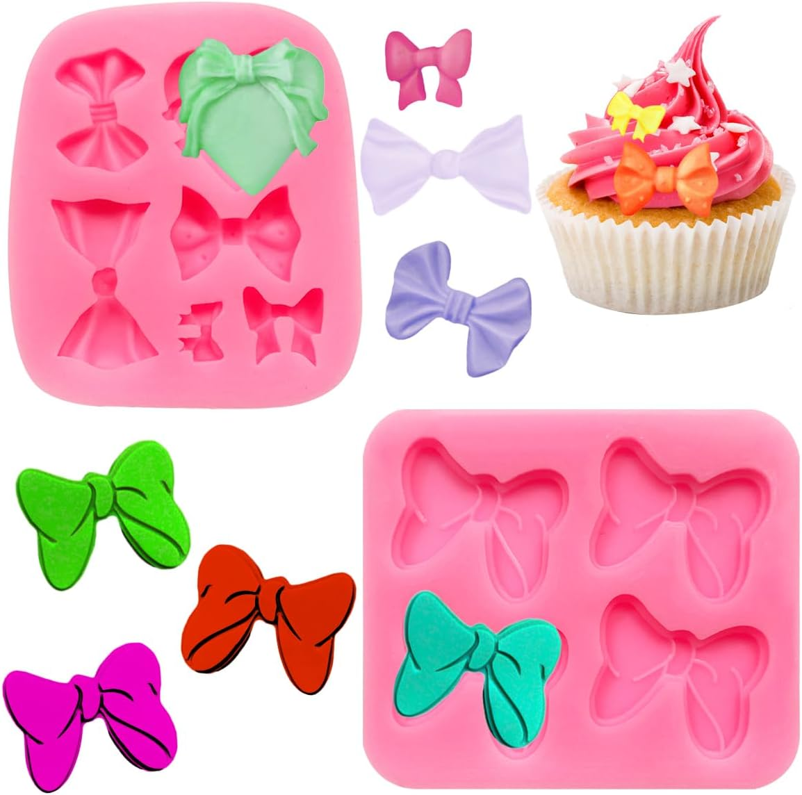 NILLOS Bowknot Fondant Mold, 2 PCS Bows Cartoon Silicone Mold for Dessert, Ice Cube, Chocolate, Cake Decorating (Pink) image number 3
