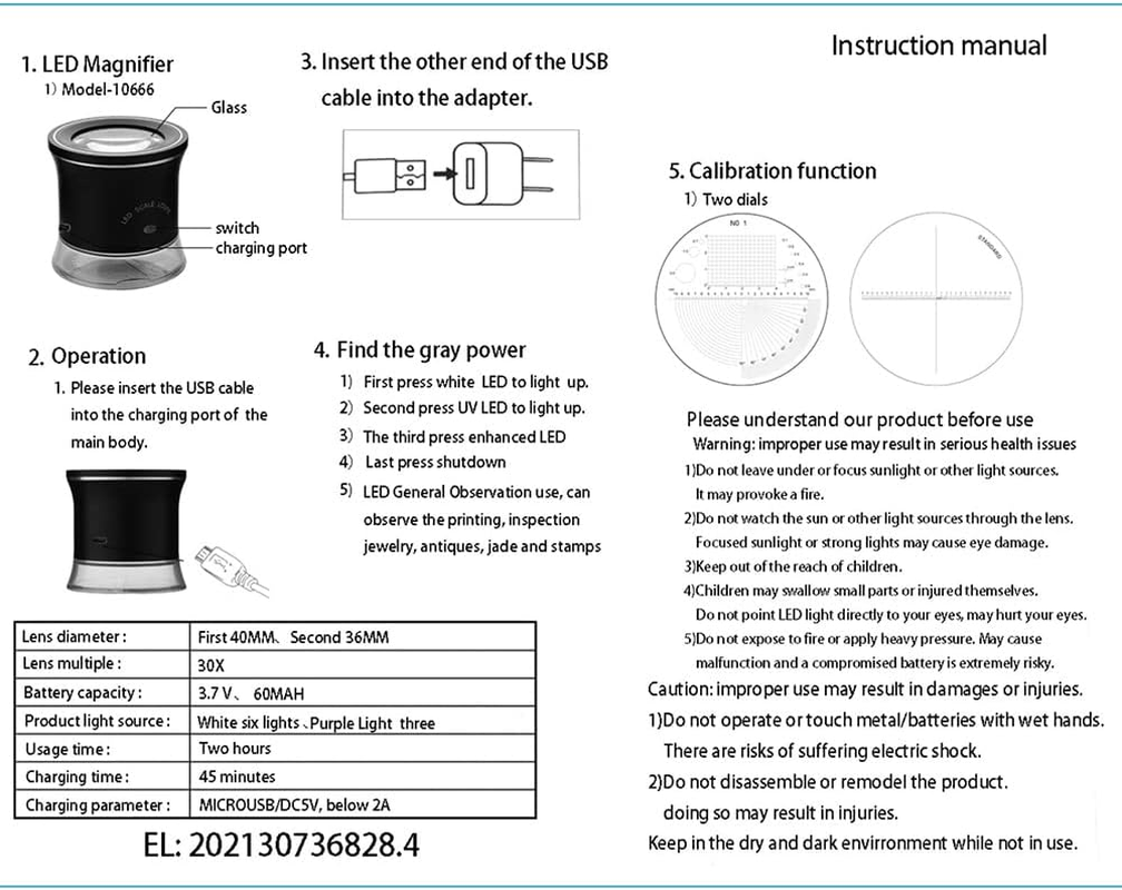 30X LED Scale Loupe Illuminated Magnifier with 6 White 3 UV Lights Rechargeable Magnifying Glass Interchangeable Reticle Scale for PCB Jewelry Coin Stamp Antique Textile Painting, with Zipper Bag image number 3