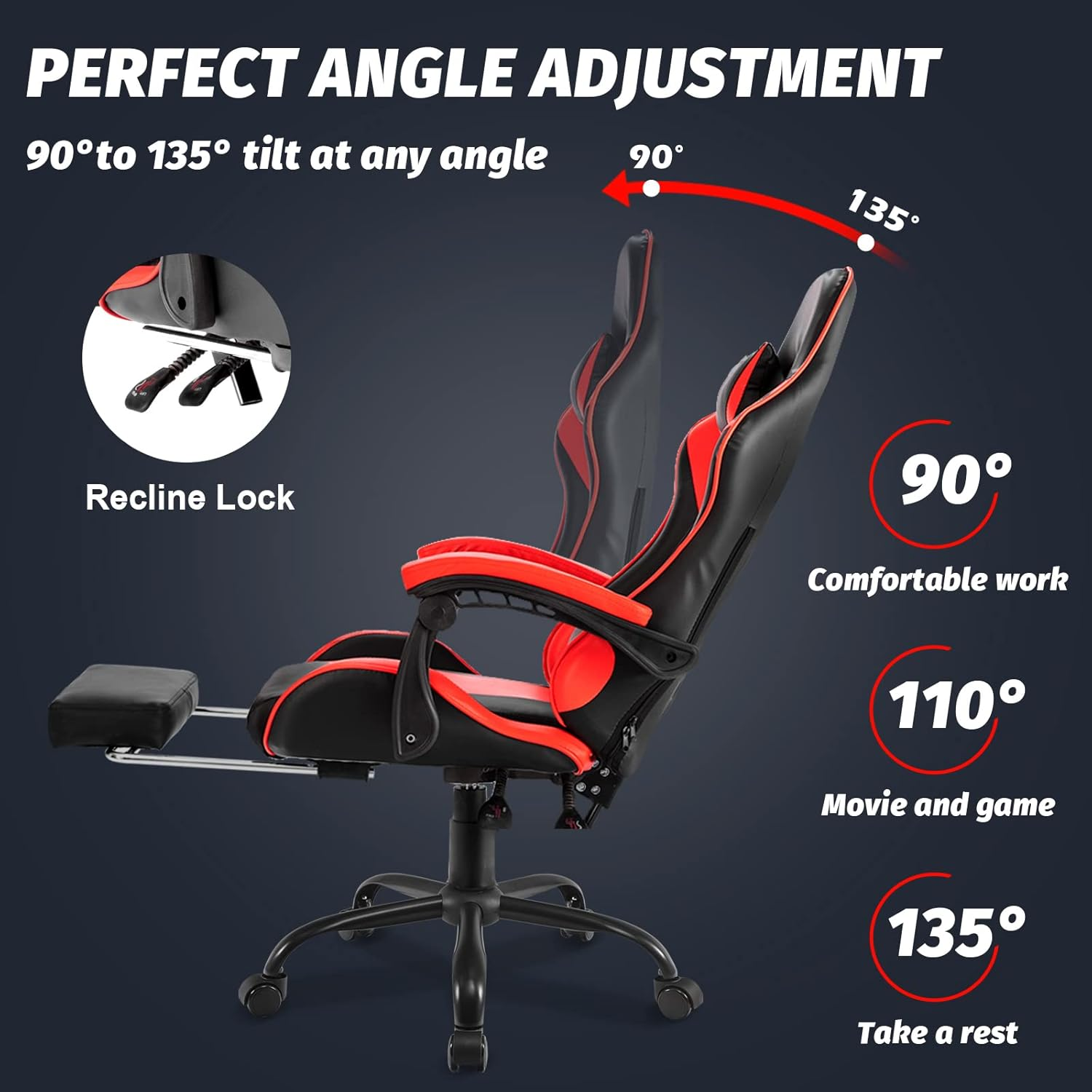 PU Leather Ergonomic Gaming Chair with Footrest Computer Racing Chair Reclining Executive Office Chair Desk Chair for Adults Teens Red & Black image number 2