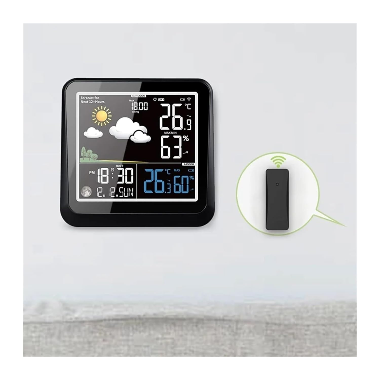 Smart Weather Station Color LCD Wireless Thermometer Hygrometer Moon Phase Forecast Trend Sensor Wall Clock White Backlight 3CH