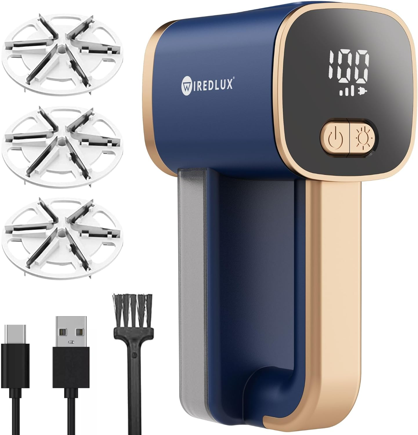 Electric Lint Remover - Rechargeable Fabric Shaver for Clothes & Furniture - Adjustable 3-Speed, 6-Leaf Blade, LED Light, USB Charging - Debobbler with Dual Protection (Cobalt Blue/Copper) image number 6