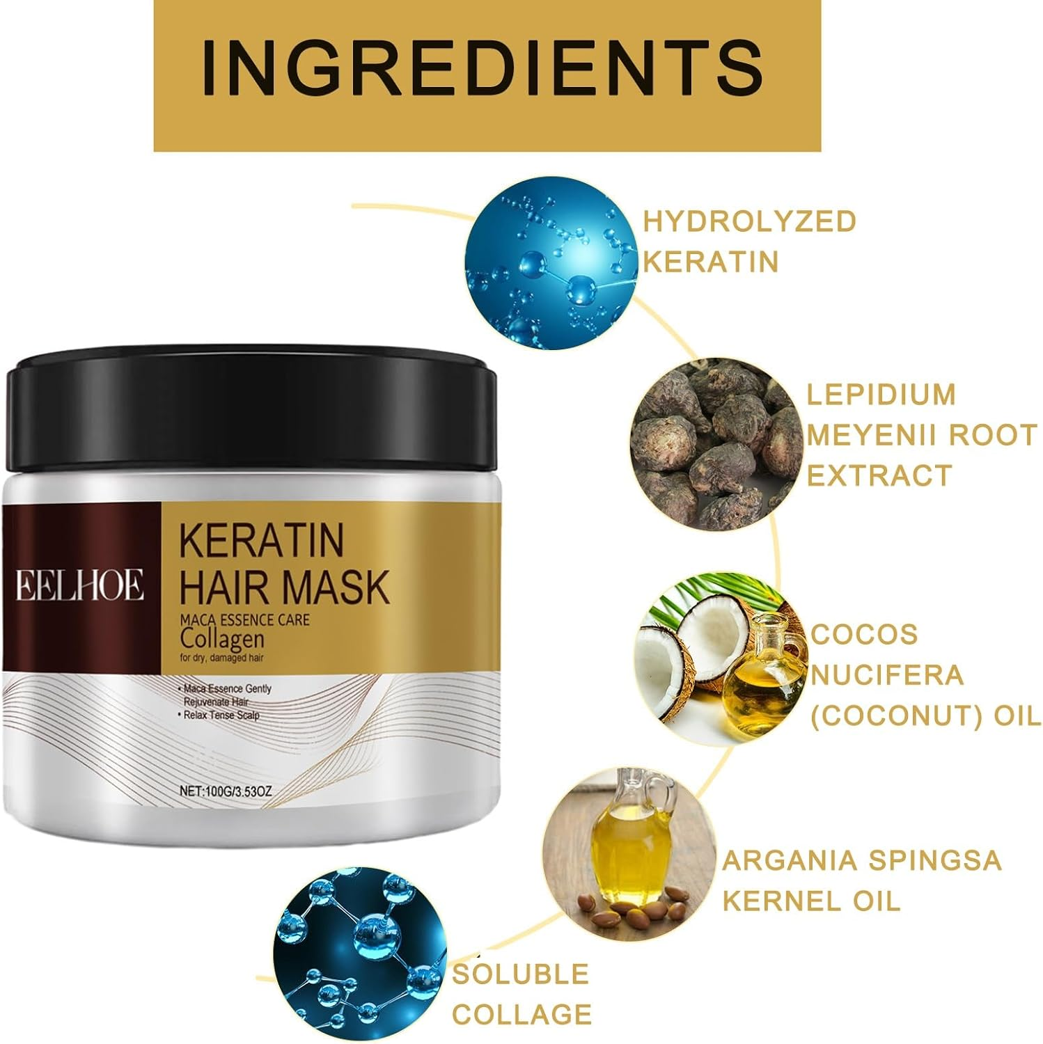 RWGKCDB Collagen Hair Mask, Argan Oil Collagen Hair Mask, Repairs Damaged Hair, Suitable for Straight, Curly, Dyed, and Permed Hair Types (Size : 4Pcs) image number 4