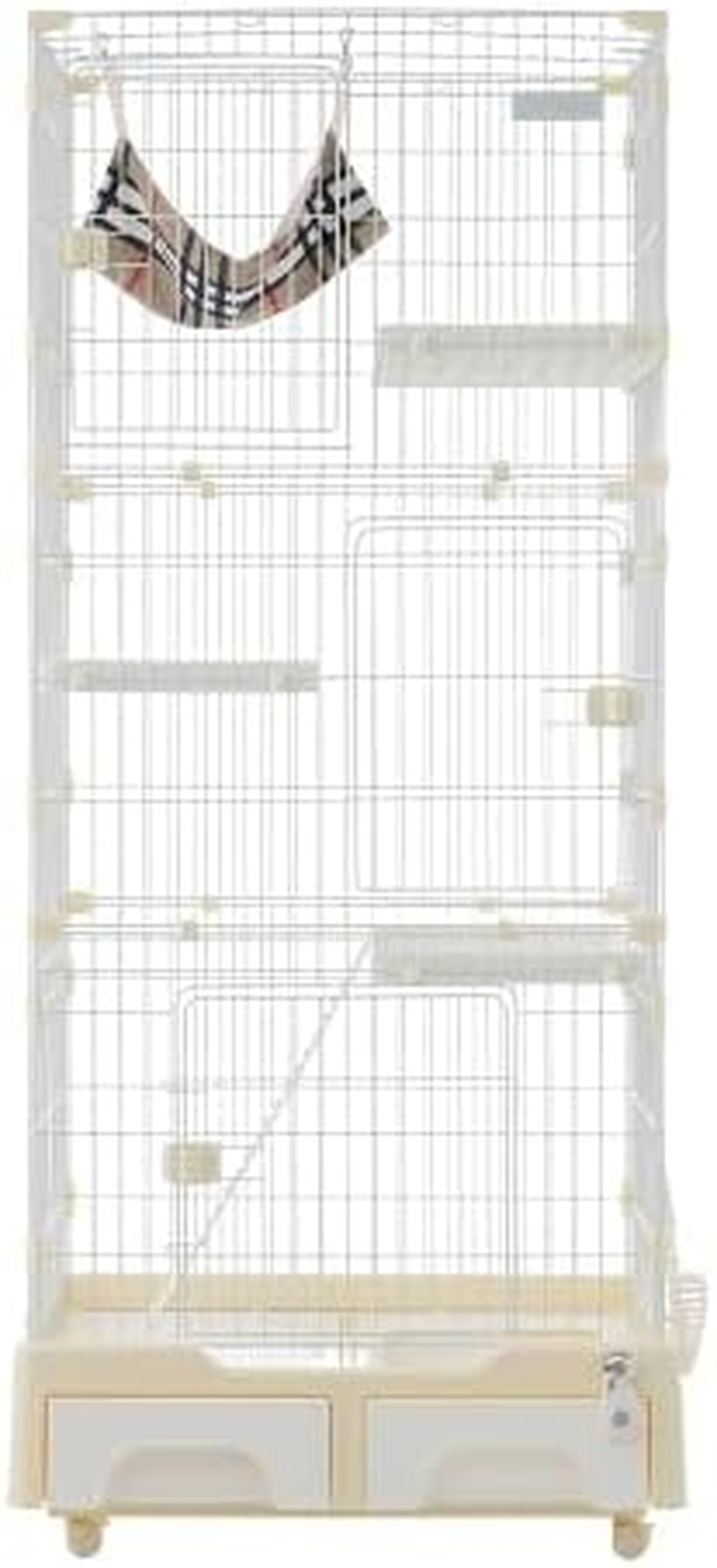 BTM Cat Cage - 2 Tiers with Toilet, Casters, Hammock, Stylish House, Multi-Tier, Answering Machine, Protection, Escape Prevention, Multiple Heads, Steel Pet Cage