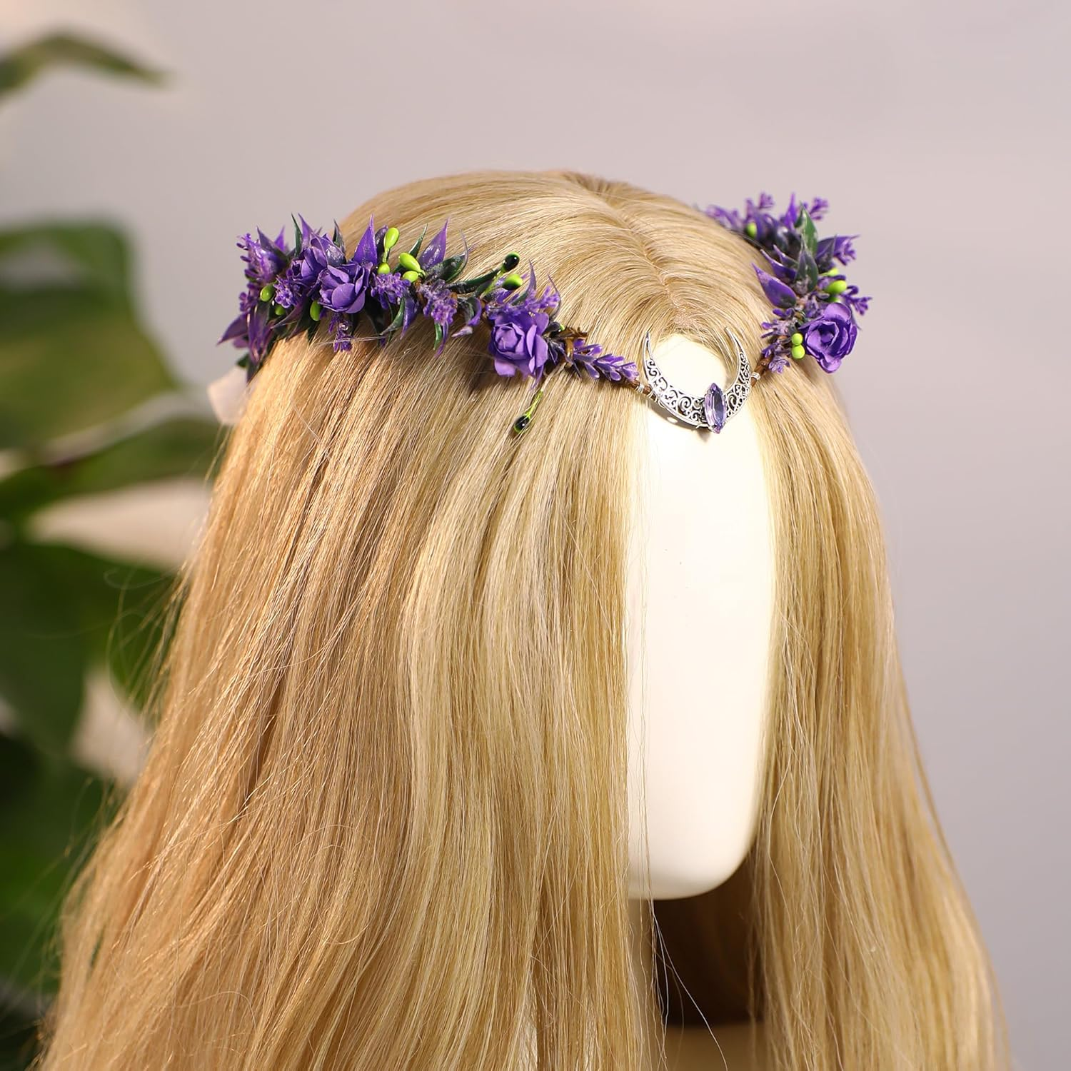 MOSTORY Purple Elf Headpiece for Women Moon Fairy Headpiece for Renaissance Party Flower Fairy Crown for Halloween Photo Shoots image number 4