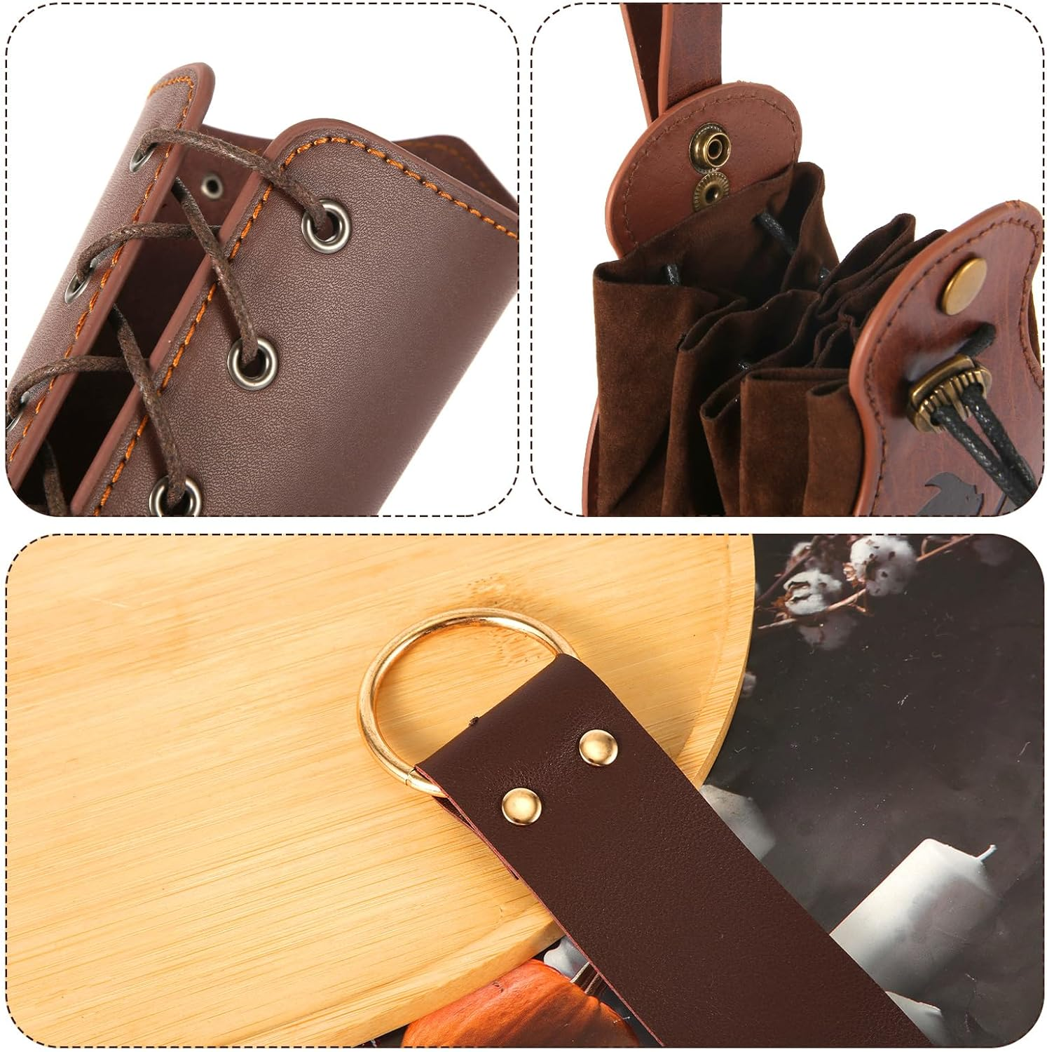 Renaissance Accessories, Leather Viking Belt Medieval Leather Bracers Viking Belt Pouch with Straps Hikes Mug Holder for Men Women, Brown, Medium image number 1