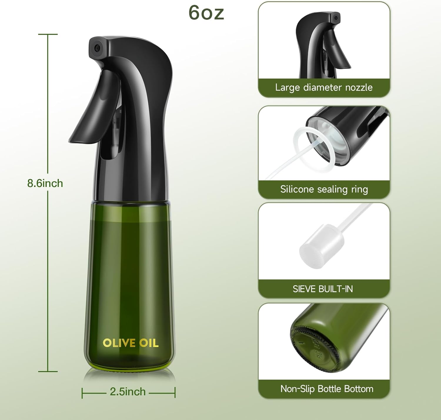 7Oz Glass Olive Oil Sprayer Bottle for Cooking, Oil Mister Spray Dispenser Bottle with Portion Control for Kitchen (Green, Light Blockage) image number 2
