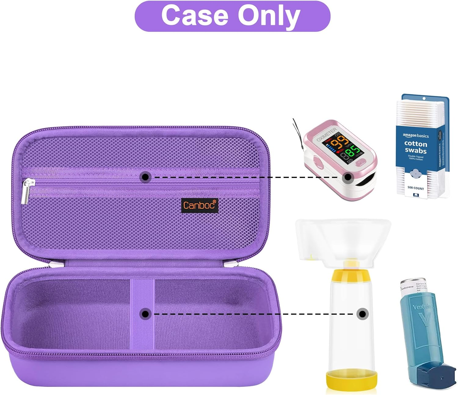 Canboc Travel Carrying Case for Asthma Inhaler, Handheld Spacer for Adults and Kids, Masks, Hard Inhaler Case with Mesh Pocket Fit Medicine and Other Essentials, Purple (Case Only) image number 2