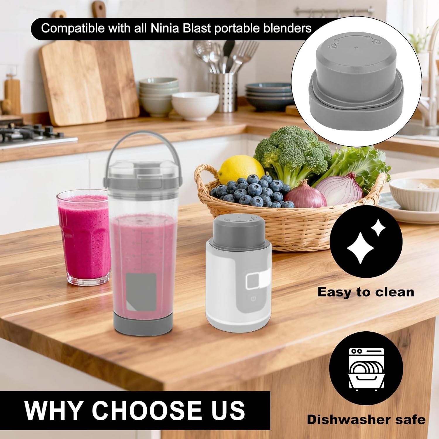 Blade Cover & Vessel Cap Set for Ninja Blast Portable Blender BC100/BC151 Series, Silicone and Plastic Blender Replacement Parts Accessories Leakproof & Dishwasher-Safe (Gray)