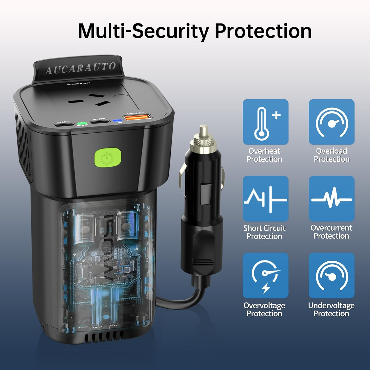 AUCARAUTO 150W Car Power Inverter, DC 12V to 220V AC 5-In-1 Cup Holder Car Plug Adapter Outlet with 10A Cigarette Lighter Socket, 2 USB-C 30W & 1 USB-A 18W Converter Charger - Black image number 6