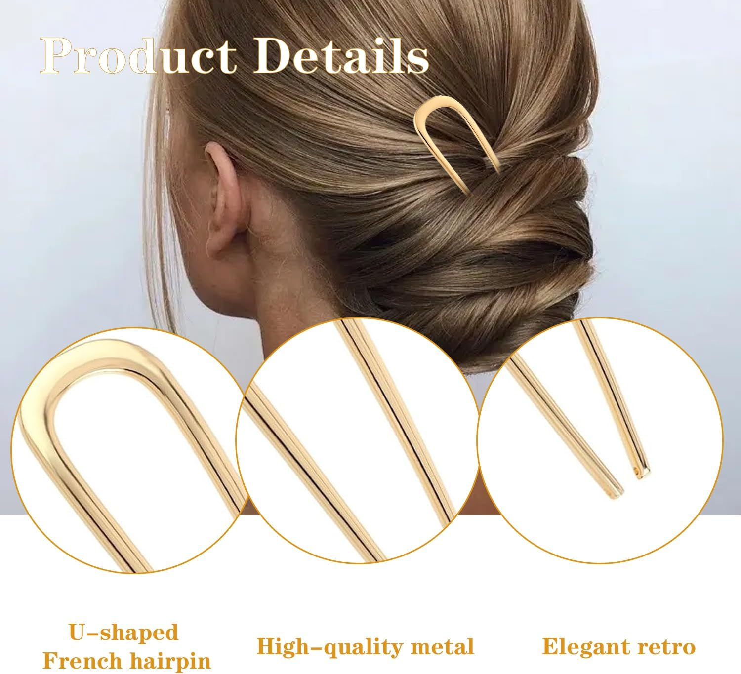 NECXON 2 Pcs Elegant Metal Hair Pins, U Shape Metal French Bun Hair Pins, Perfect for Any Occasion(Silver & Gold) image number 3