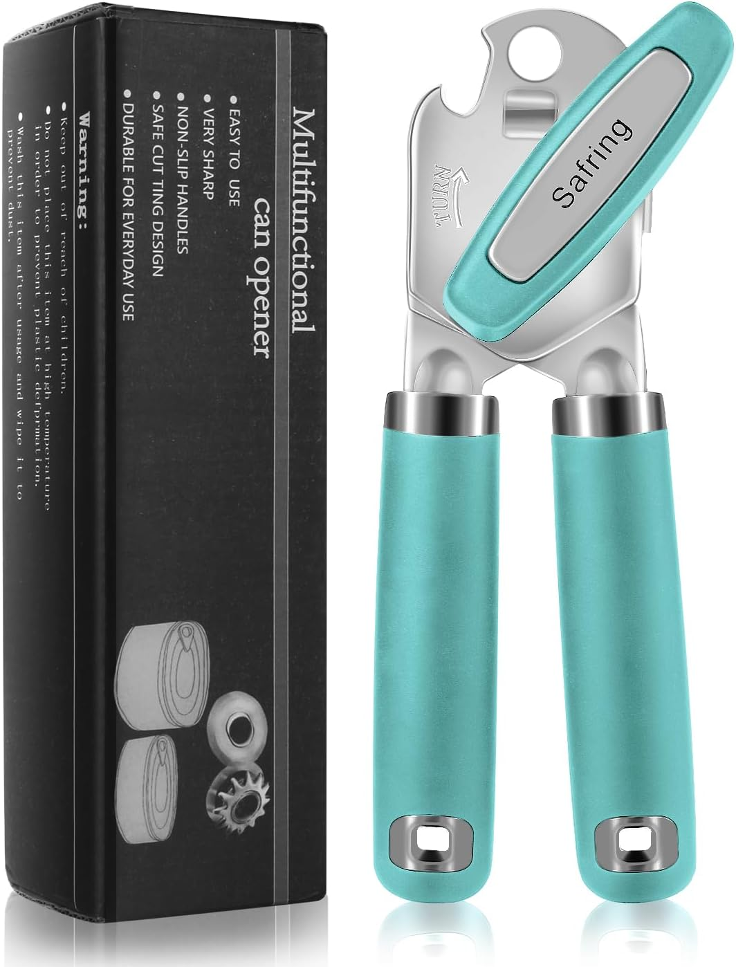 Safring Can Opener Manual, Heavy Duty Handheld Strong Can Opener with Soft Touch Handle, Sharp Blade Smooth Edge, Can Openers with Multifunctional Bottle Opener, Beige