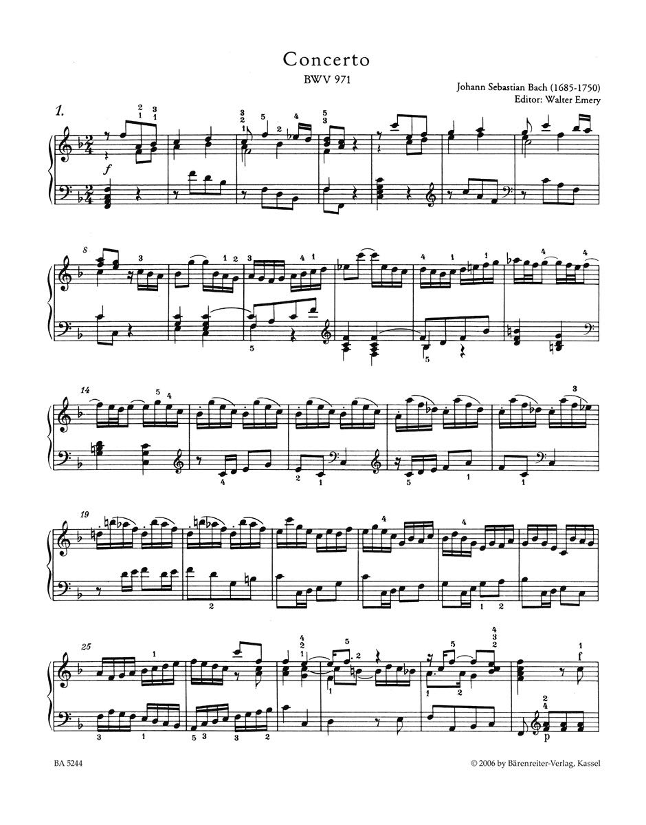 Italian Concerto BWV 971 with Fingerings (Piano)