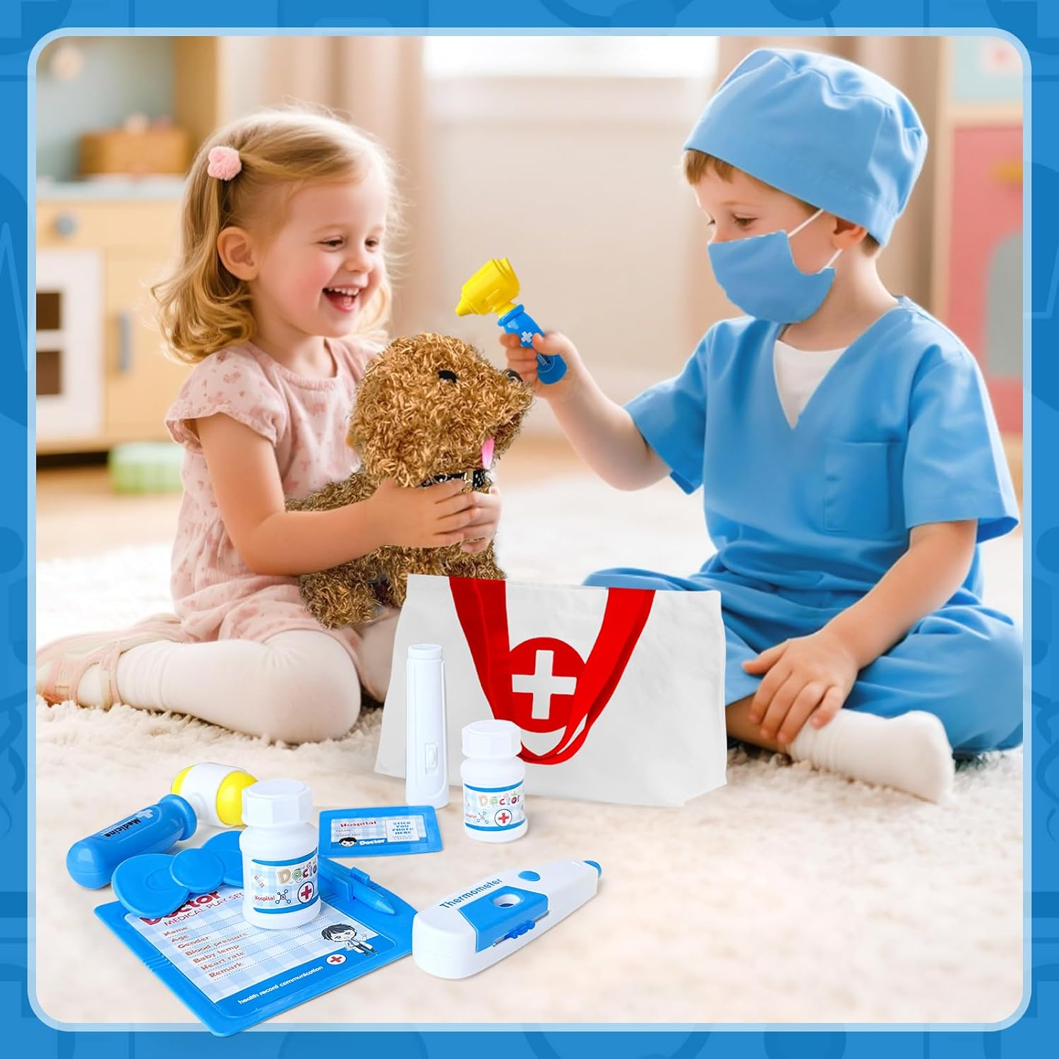 PELOSTA 34PCS Doctor Kit for Toddlers 3-5, Pretend Play Doctor Play Set with Dog Toy, Doctor Costume, Carrying Bag, Stethoscope, Dress up Toys for Kids Boys Girls Aged 3 4 5 6 7 8 (Blue) image number 6