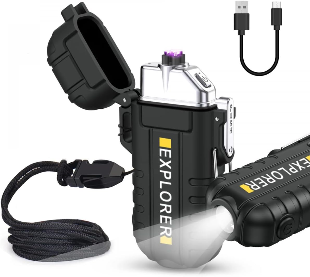Waterproof Flameless Electric Lighter- Rechargeable Flashlight -Dual Arc Plasma Lighter with Lanyard & Type-C Fast Charging/Windproof/No Butane/Ideal Lighter for Indoor and Outdoor