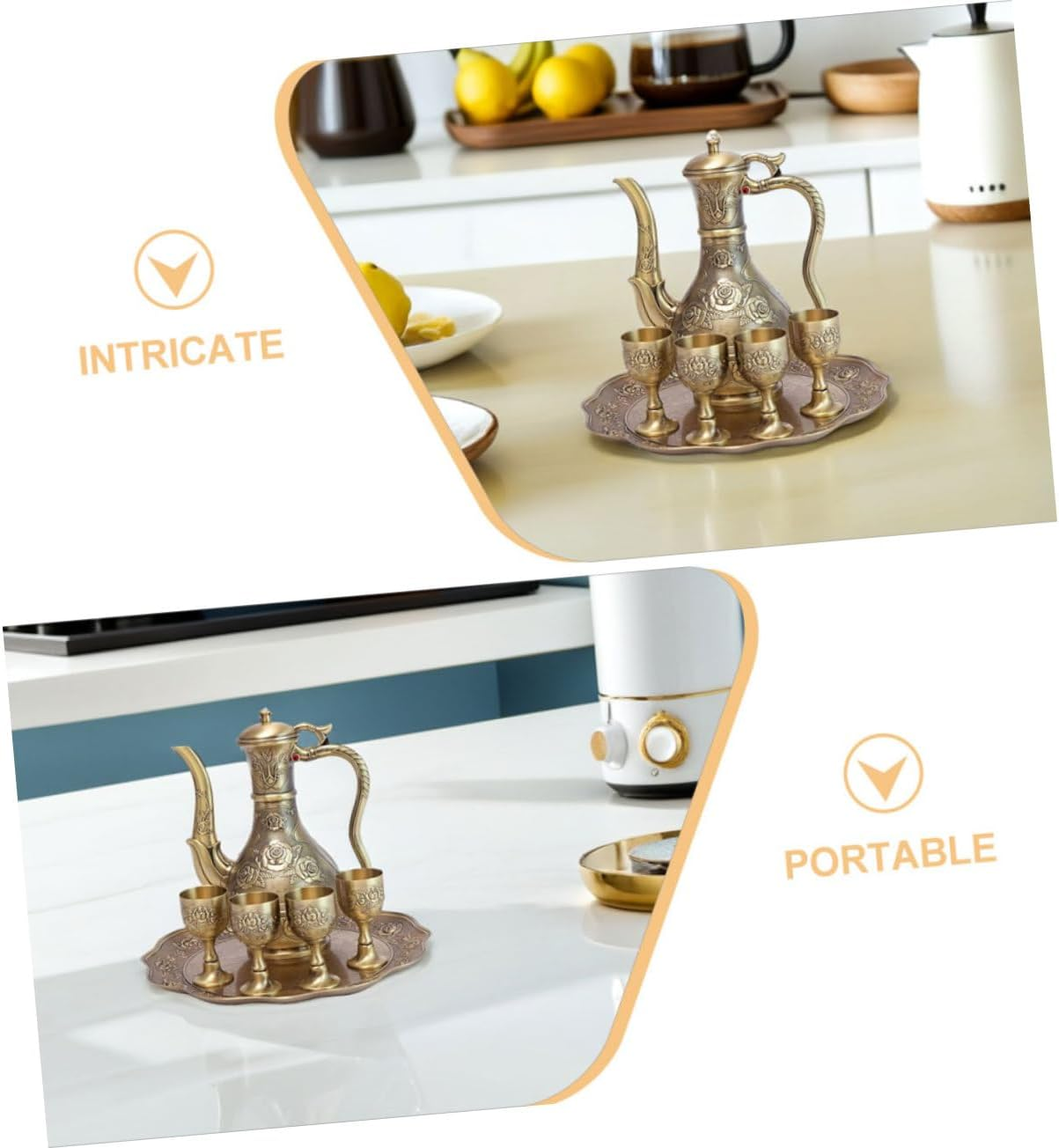 LABRIMP Vintage Turkish Tea Set Metal Espresso Coffee Pitcher with Artistic Rose Embossing Fade-Resistant Bronze Finish Elegant Court Style Coffee Decanter Tray for Home Bar Wedding And