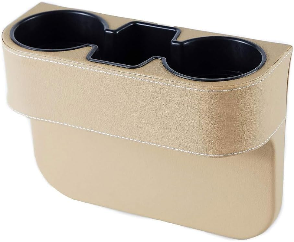 Car Seat Gap Organizer with Cup Holder &ndash; PU Leather Front Seat Side Pocket Storage Box with Phone Slot, Coin Holder and Console Gap Filler &ndash; Beige Car Interior Organizer image number 1