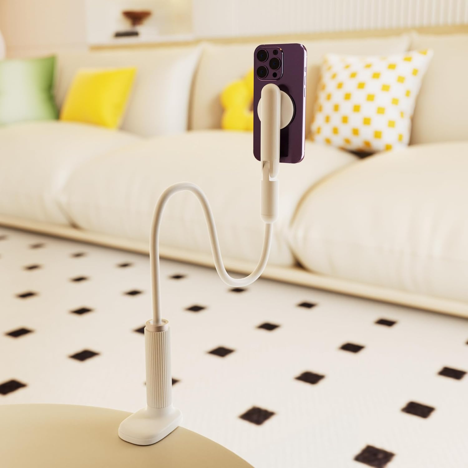 NQQNQQ M-TM 【90CM】 Magnetic Gooseneck Phone Holder for Bed & Desk, 360&deg; Rotation, Sturdy Arm Compatible with Iphone 15/14/13/12 Pro Max, Overhead Mount for Live Streams & Zoom (White) image number 3